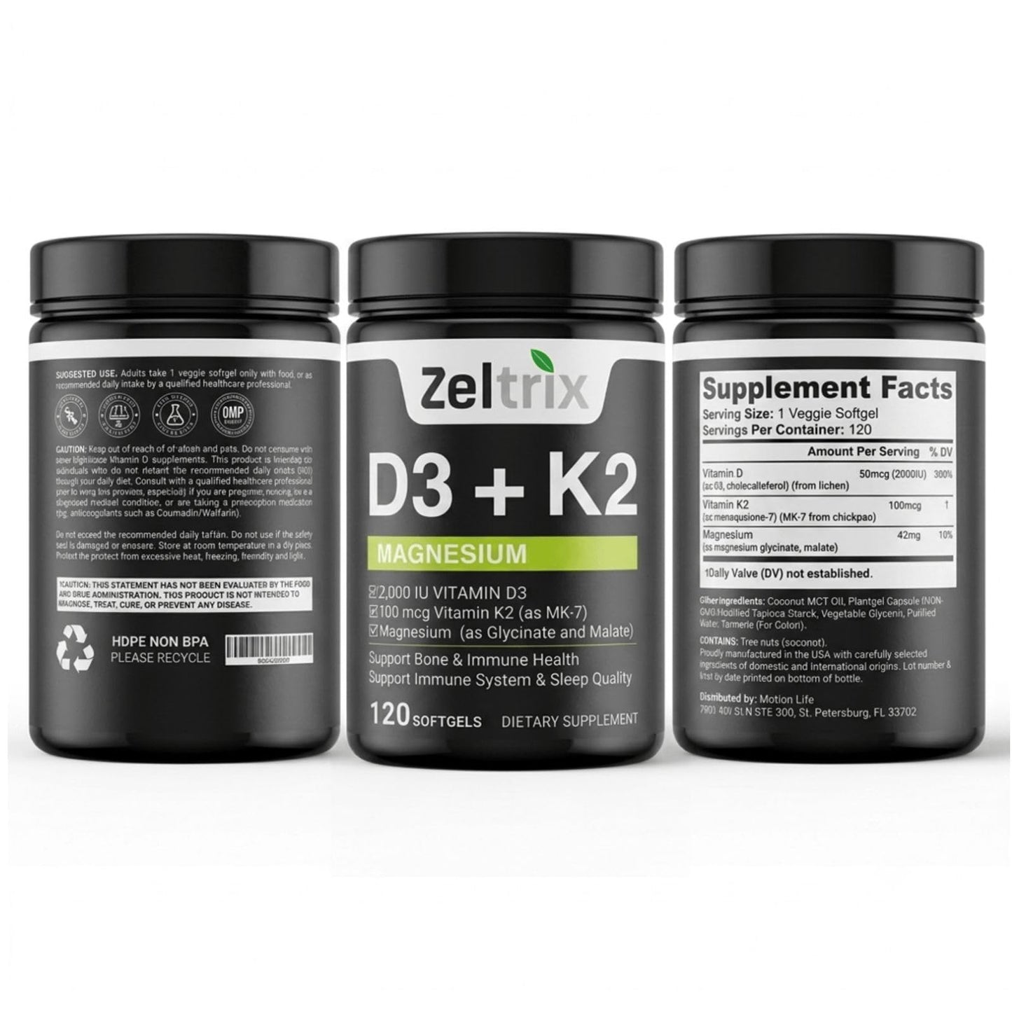Zeltrix Vitamin D3 + K2 with Magnesium 2000iu (100mcg) MK-7 Glycinate & Malate Supplement Softgels, 120 Count