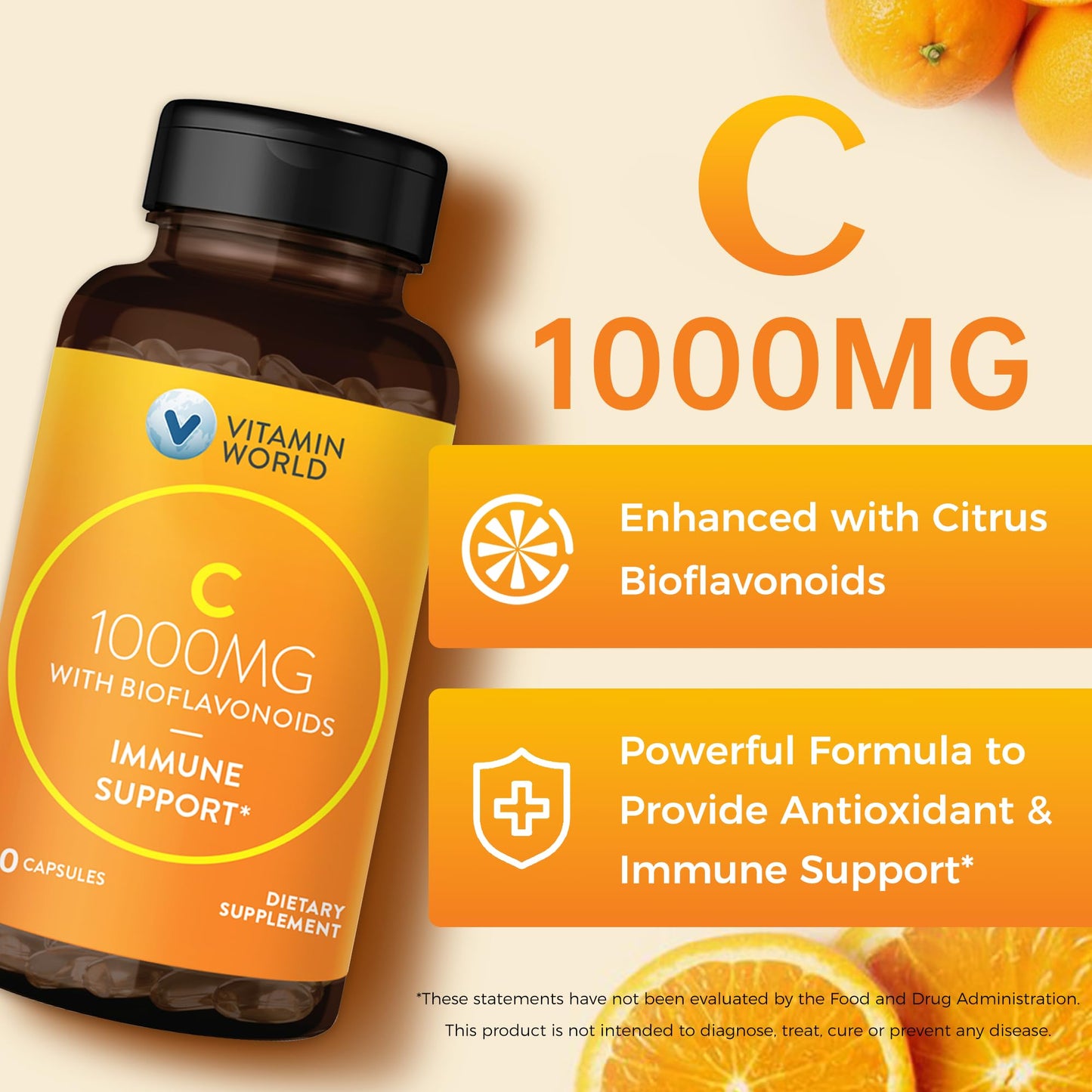 Vitamin World Vitamin C 1000 mg with Bioflavonoids, Immune Support, Antioxidant Protection, Vitamin C Supplement for Collagen Production, Bone & Skin Health, Gluten Free, 100 Capsules