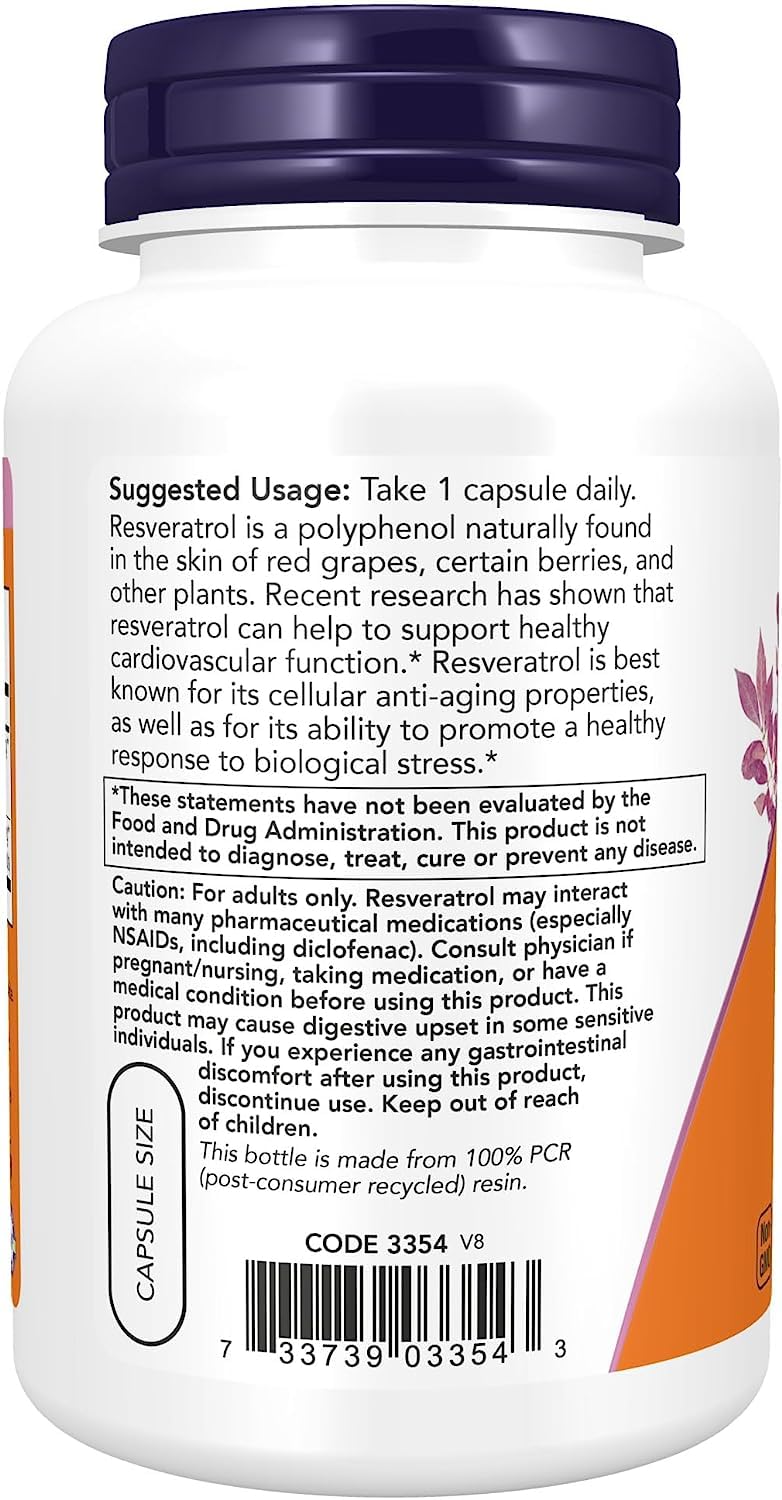 NOW Foods Natural Resveratrol 200 mg Capsule, 120 Veggie Caps
