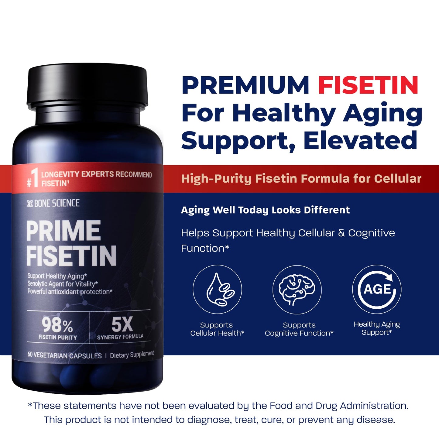 BONE SCIENCE Prime Fisetin 98% Plant-Based Flavonoid Supplement with Chamomile Extract, Trans-Pterostilbene, Phosphatidylcholine, and BioPerine 60 Capsules