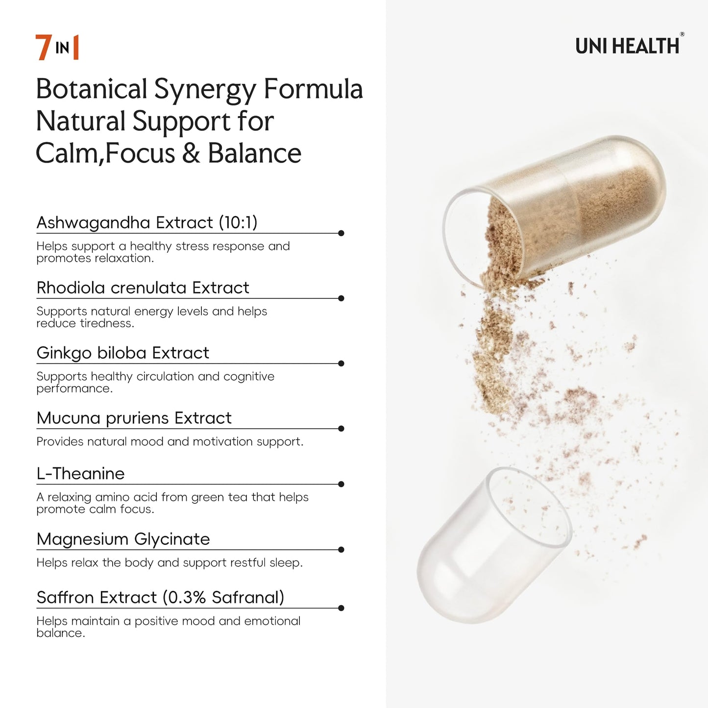 UniHealth Saffron Supplements – 88.5mg Saffron Extract with Ashwagandha, Made in USA 7-in-1 Herbal Supplement – Mood, Focus, Sleep, Weight, Heart & Eye Health for Kids, Adult Vegan, Non-GMO 60 Capsules
