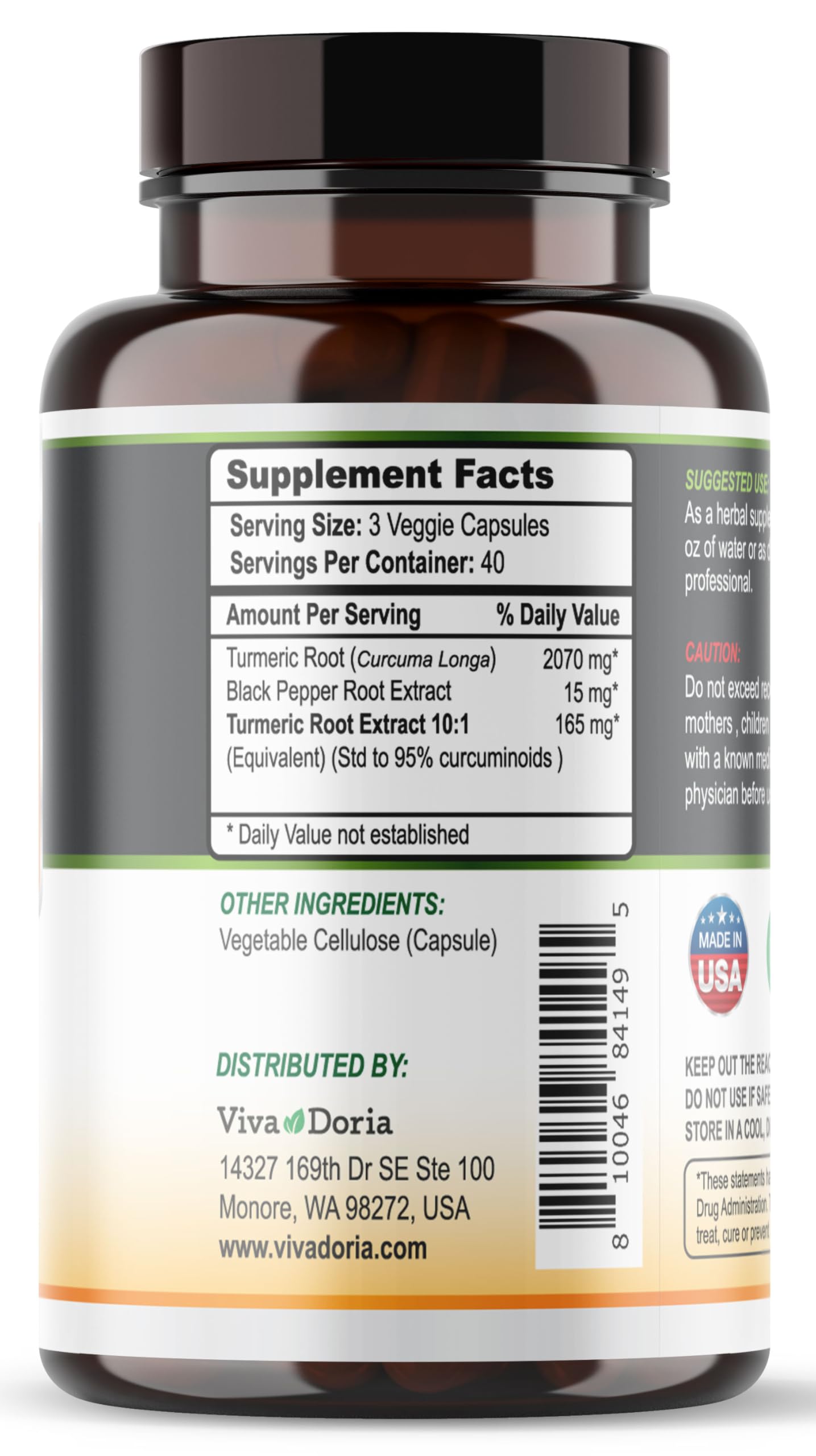 Viva Doria Turmeric Curcumin with Black Pepper Extract 2250mg, 95% Standardized Curcuminoids Capsules, 120 Count