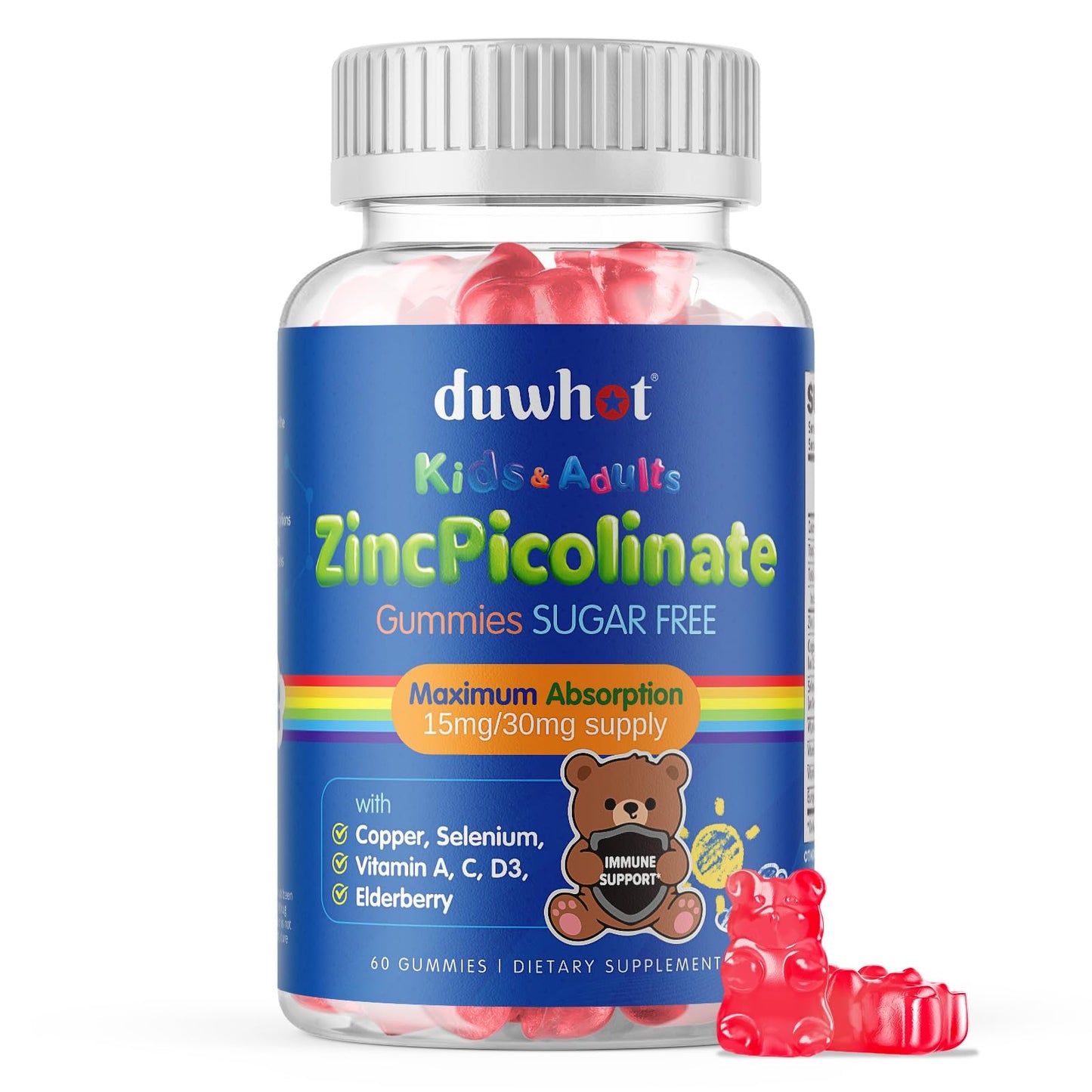 duwhot Zinc Picolinate 30mg Gummies with Copper, High Absorption Form, with Selenium, Elderberry, for Kids Teens Growth, Skin & Immune Health, Sugar Free, 60 Gummies