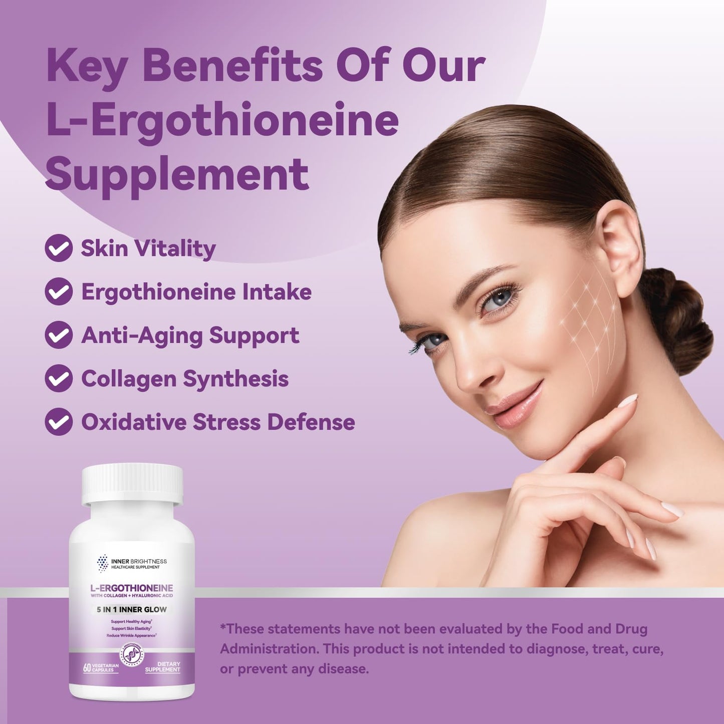 Inner Brightness L-Ergothioneine Supplements with Hyaluronic Acid & Collagen for Women, 60 Capsules