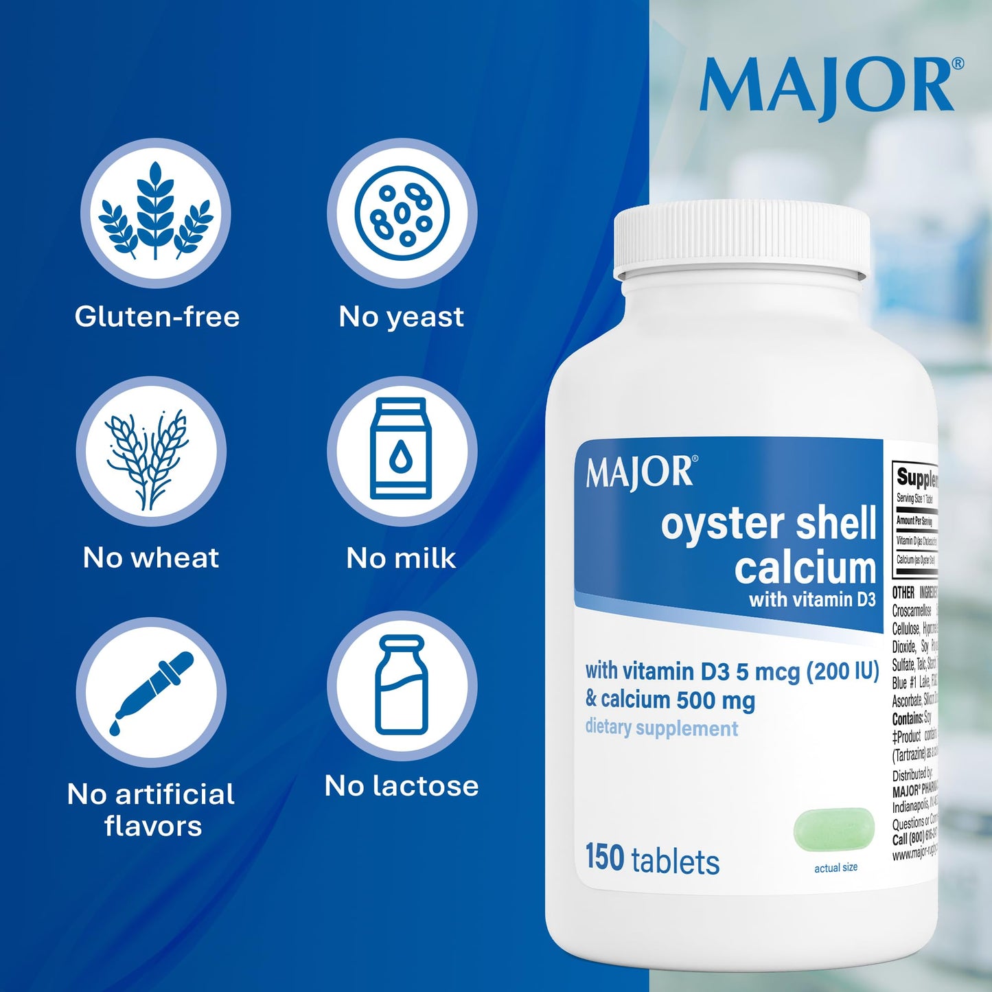MAJOR Oyster Shell Calcium 500mg Tablets with Vitamin D3 200IU (5 mcg) - Gluten-Free Daily Vitamin D Dietary Supplement for Bone Health and Calcium Absorption, 150 Count