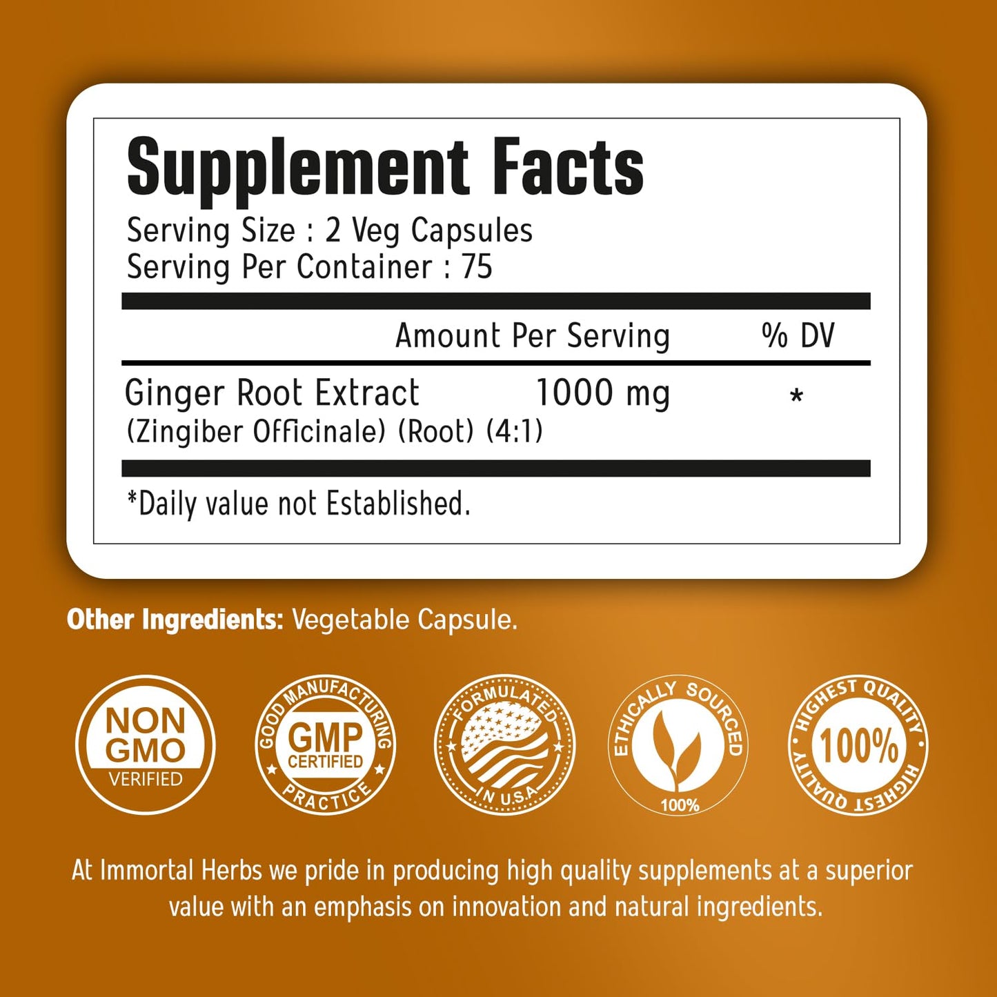 Immortal Herbs Ginger Root Capsule 150 Count