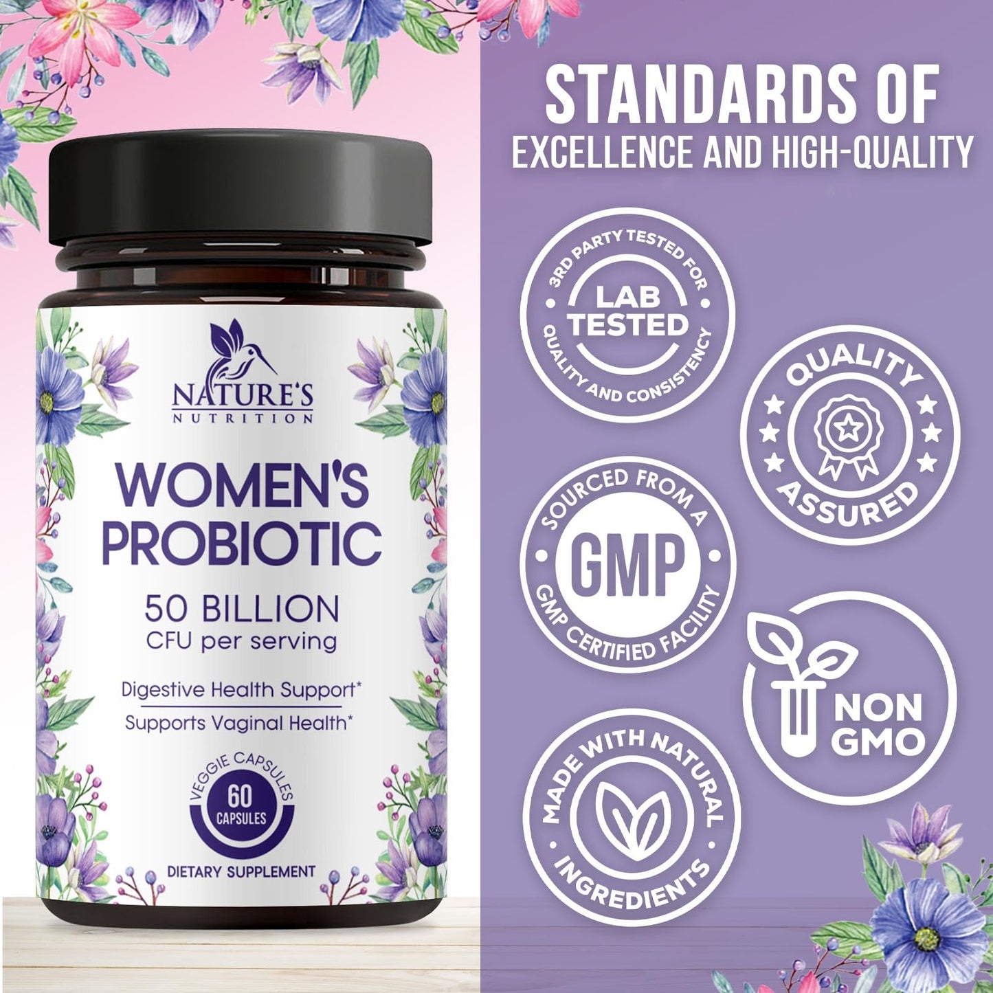 Nature's Nutrition Probiotics for Women - Probiotic Blend 50 Billion CFU, 16 Strains, 60 Capsules