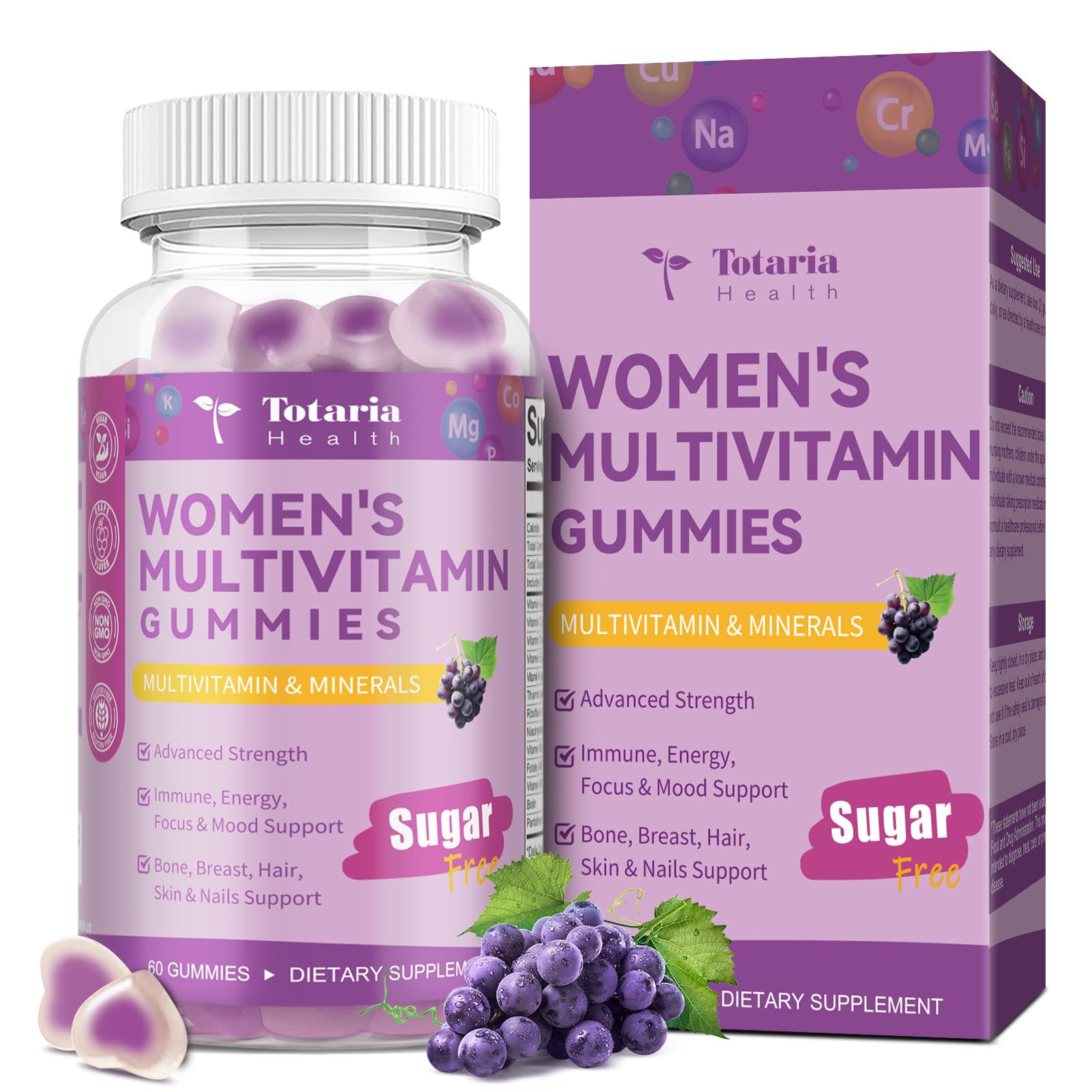 Totaria Sugar Free Multivitamin Gummies for Women 14+ with Iron, Inositol, Folate, Biotin, Vitamins A, C, B, D3, K2 – Grape Flavor, 60 Gummies