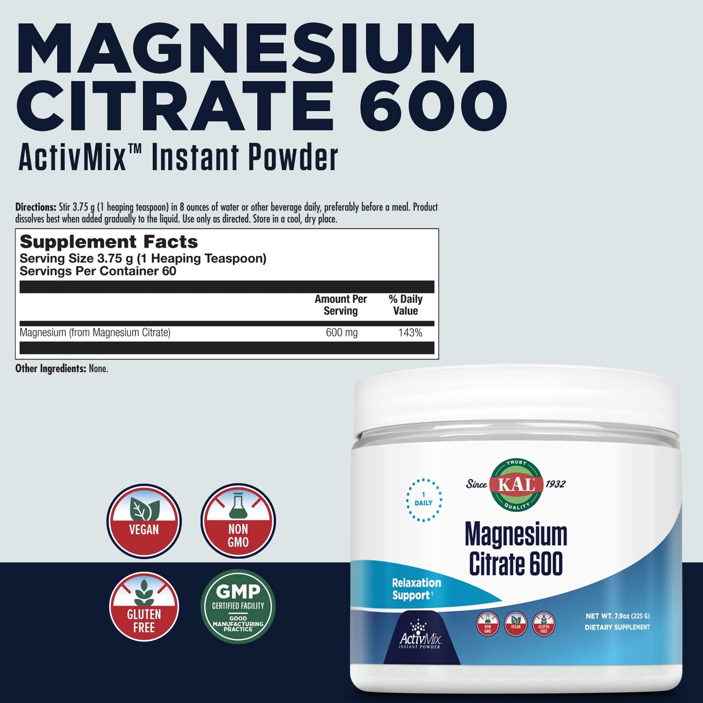 KAL Magnesium Citrate 600 mg ActivMix Instant Powder, 7.9 oz