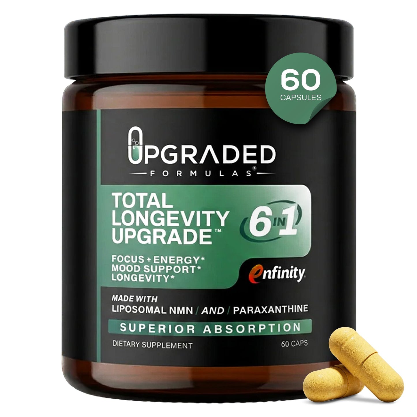 Upgraded Formulas Total Longevity Upgrade 6-in-1 NMN Supplement, 30 Capsules