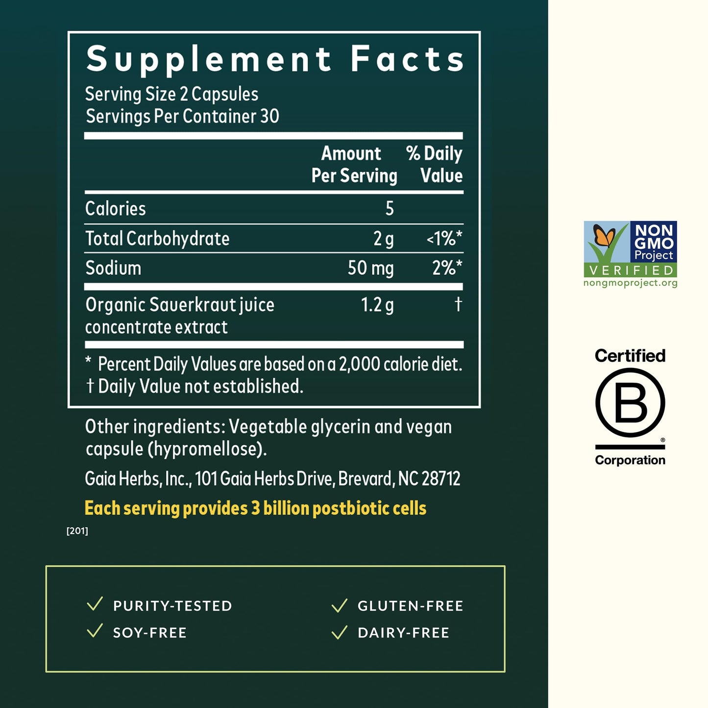 Gaia Herbs Sauerkraut Postbiotic - Gut Health & Immune Support Supplement - Made with Fermented Sauerkraut, 60 Capsules