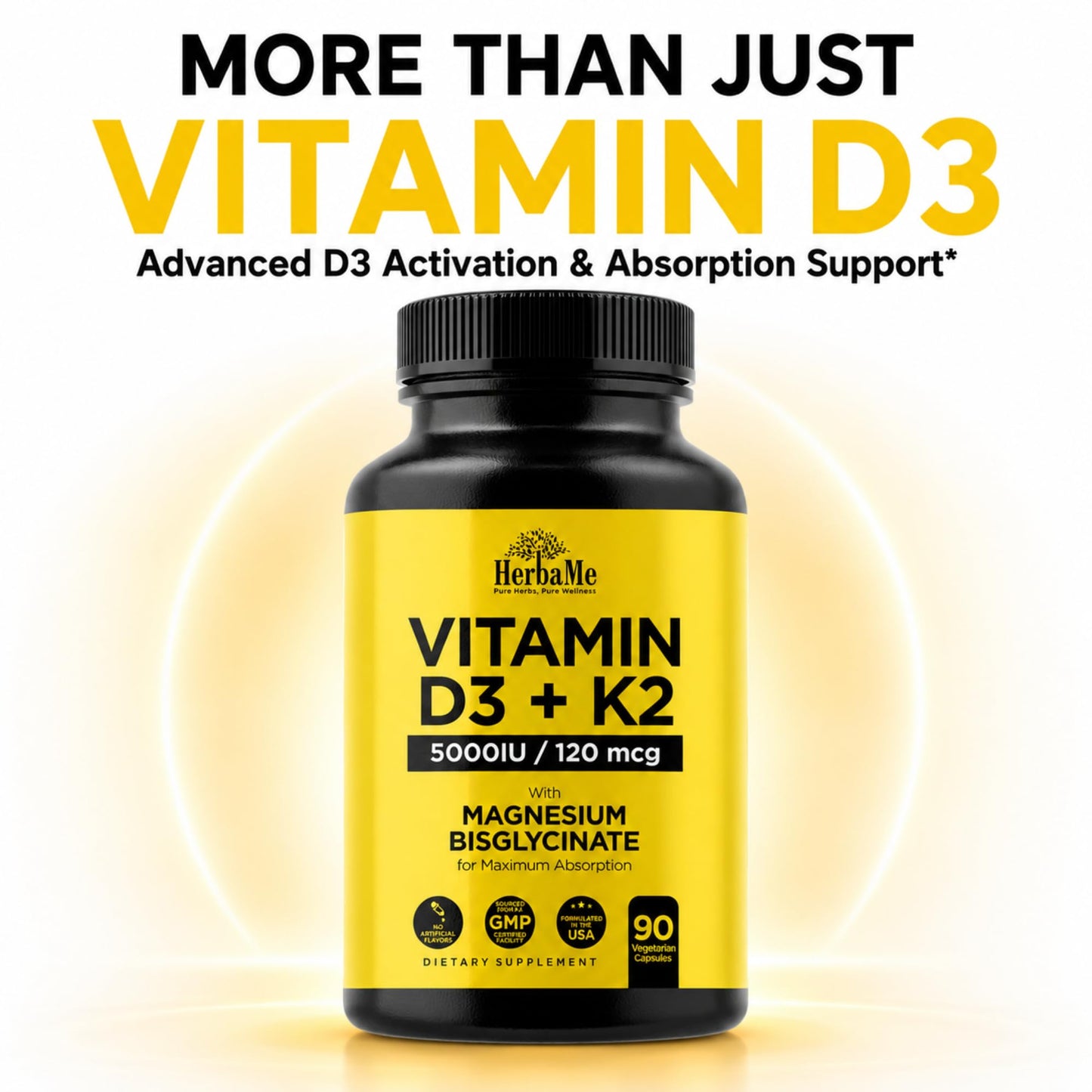 HerbaMe Vitamin D3 5000 IU + K2 with Magnesium Bisglycinate | Complete D3 Activation & Absorption Support Formula | Bone, Muscle & Immune Wellness | 90 Capsules