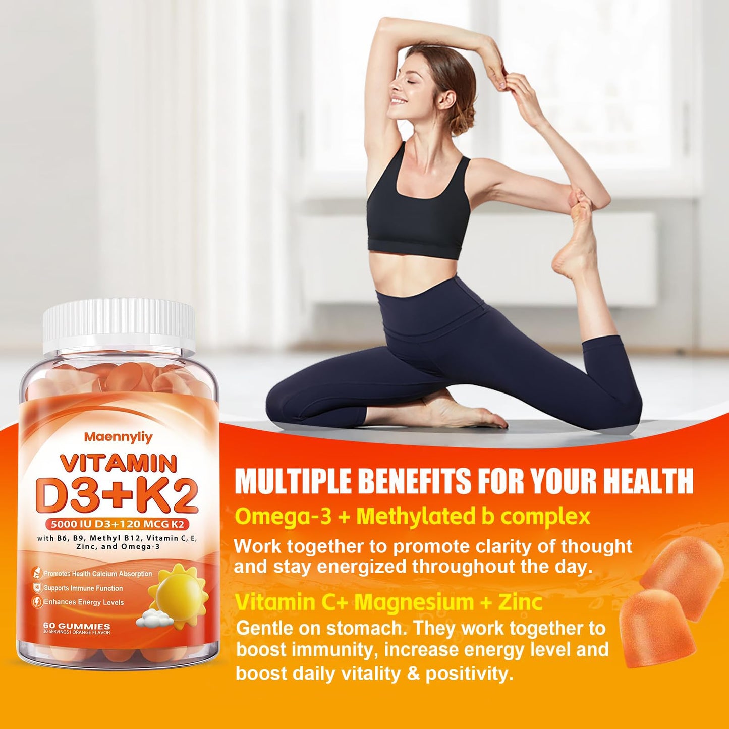 Maennyliy Vitamin D3 K2 Gummies for Adults D3 5000IU + K2 (MK-7) 120mcg, 120 Gummies