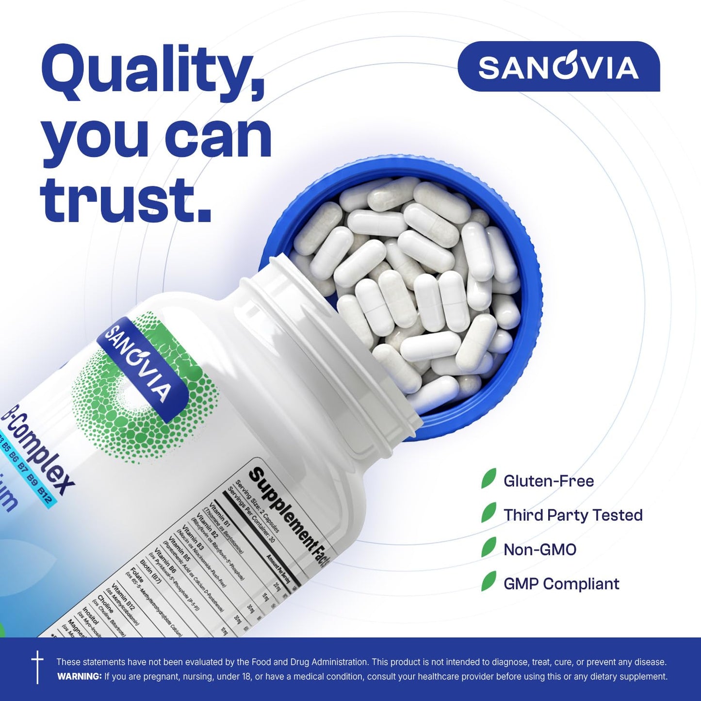 SANOVIA Vitamin B Complex Methylated with Magnesium Glycinate Capsules, 90 Count
