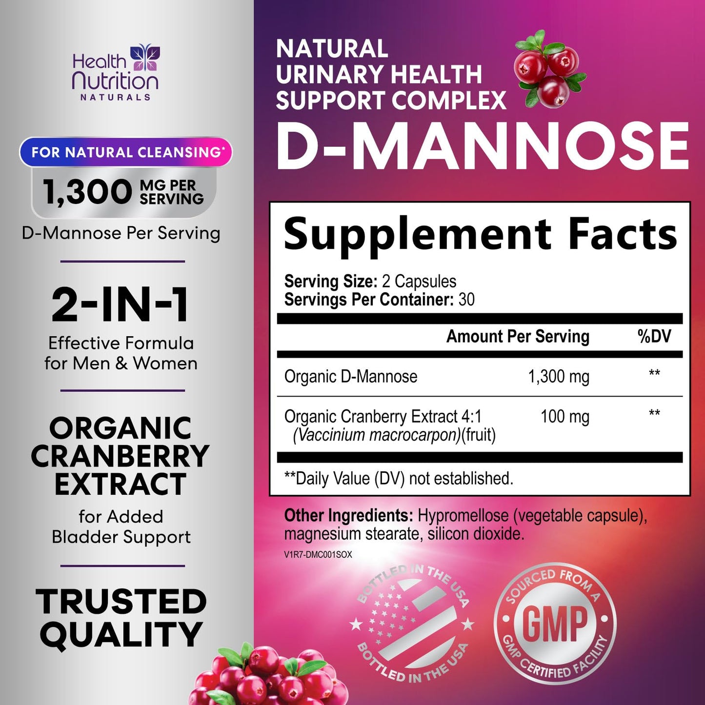 Health Nutrition Naturals D-Mannose Supplement - 1,300mg Organic D Mannose Per Serving with Organic Cranberry Extract, 60 Capsules