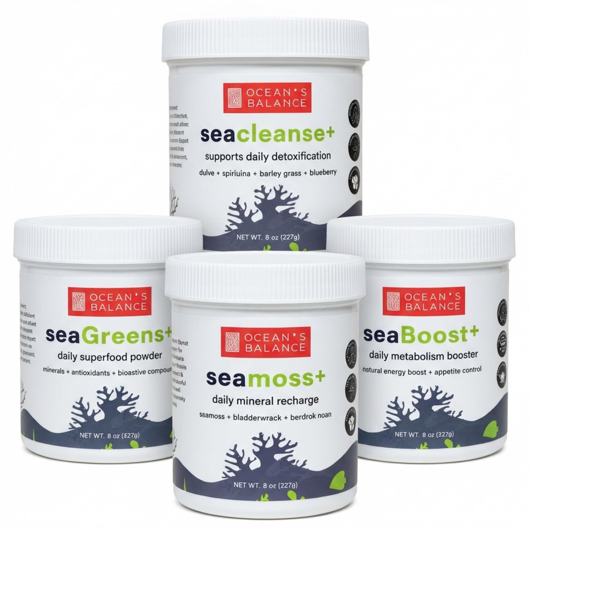 Ocean's Balance Clean Taste of Maine Wellness Collection Set of 4 – Seagreens+ Daily Superfood, Seaboost+ Metabolism, Sea Moss Wellness Blend & Seacleanse+ Detox, Digestion Powder, 32 oz