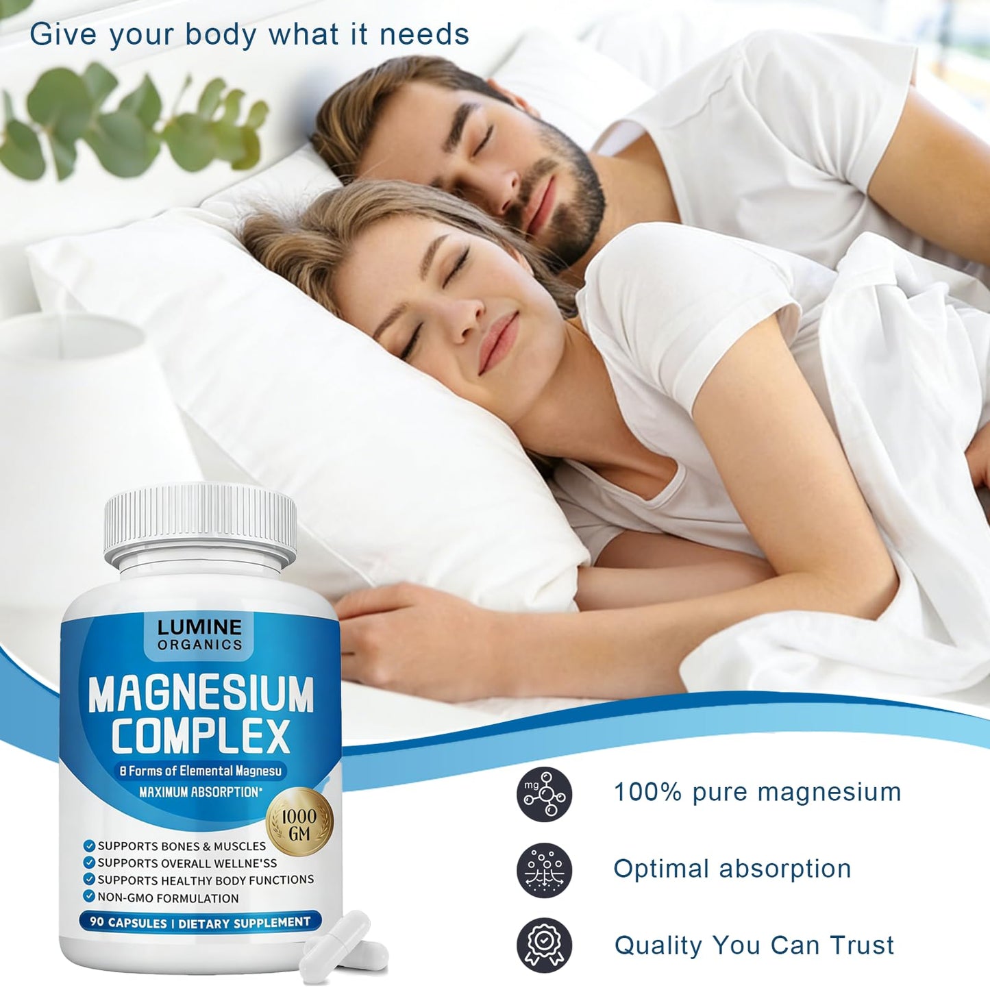 Lumine Organics Magnesium Complex Supplement Capsule 1000mg, Advanced 8-in-1 Magnesium Blend, Non-GMO, 90 Capsules