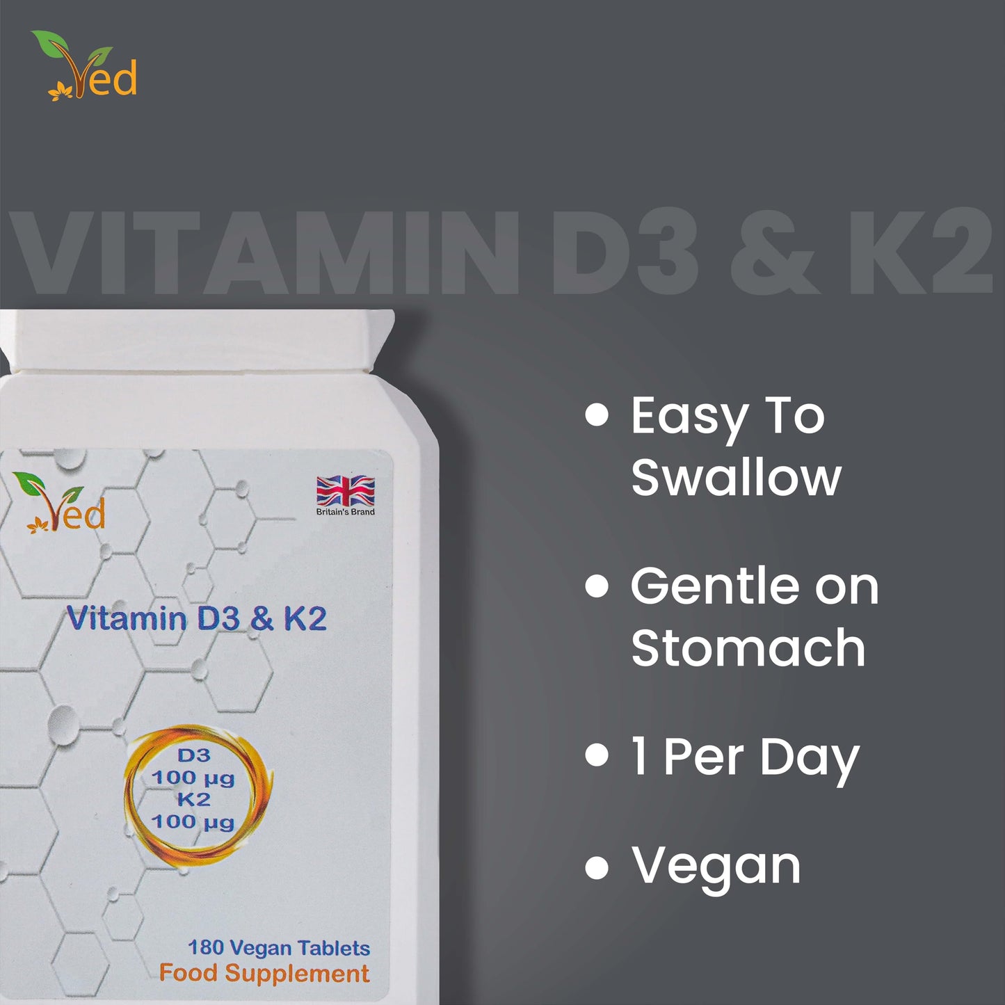 Ved Vitamin D3 K2 2 in 1 Immune Support, 180 Tablets