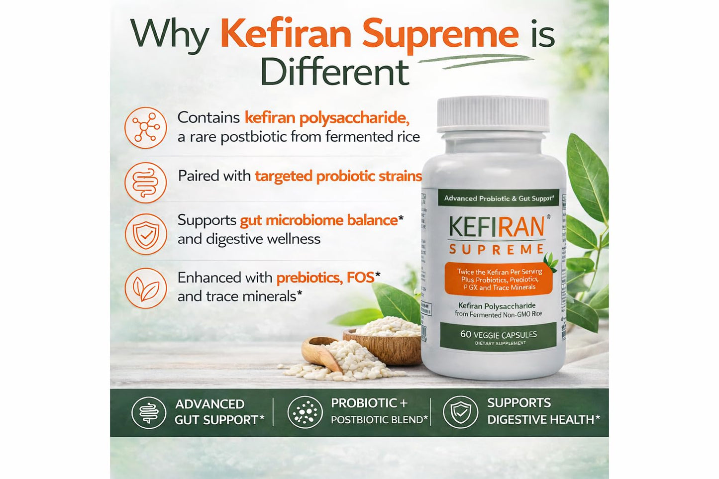 LANE LABS Kefiran Supreme Concentrated Kefir-Derived Synbiotic, Probiotics & Prebiotics, 60 Capsules