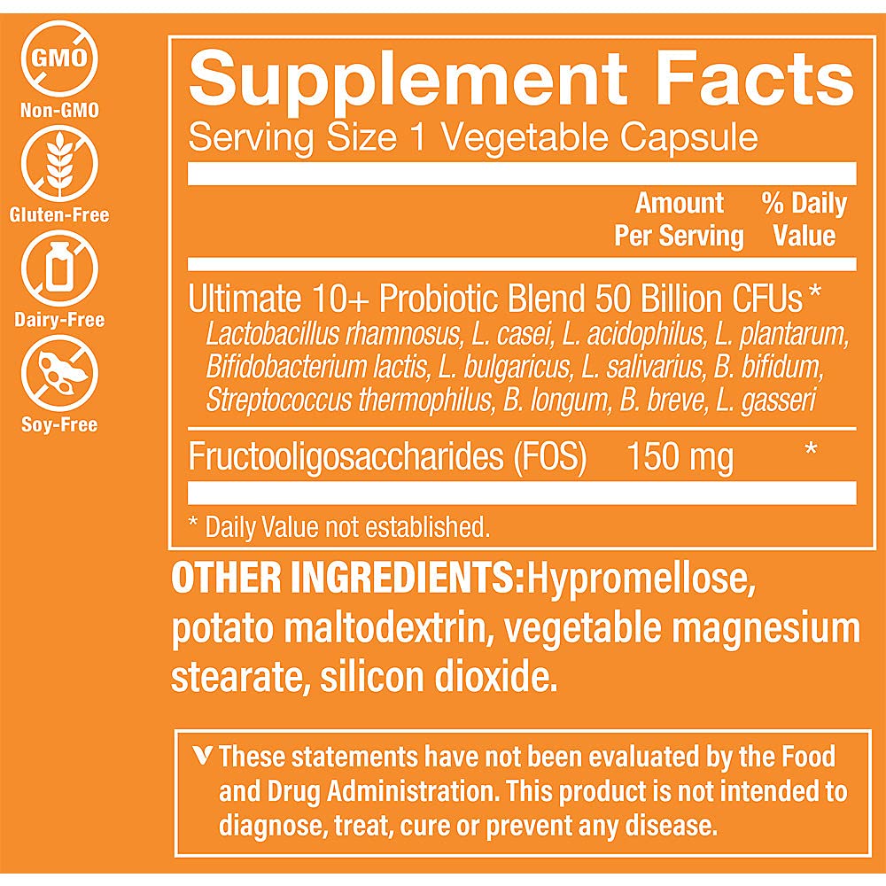 The Vitamin Shoppe Ultimate 10+ Probiotics 50 Billion CFU - 10 Probiotic Strains for Digestive Health, Immune & Gut Support, 60 Vegetable Capsules