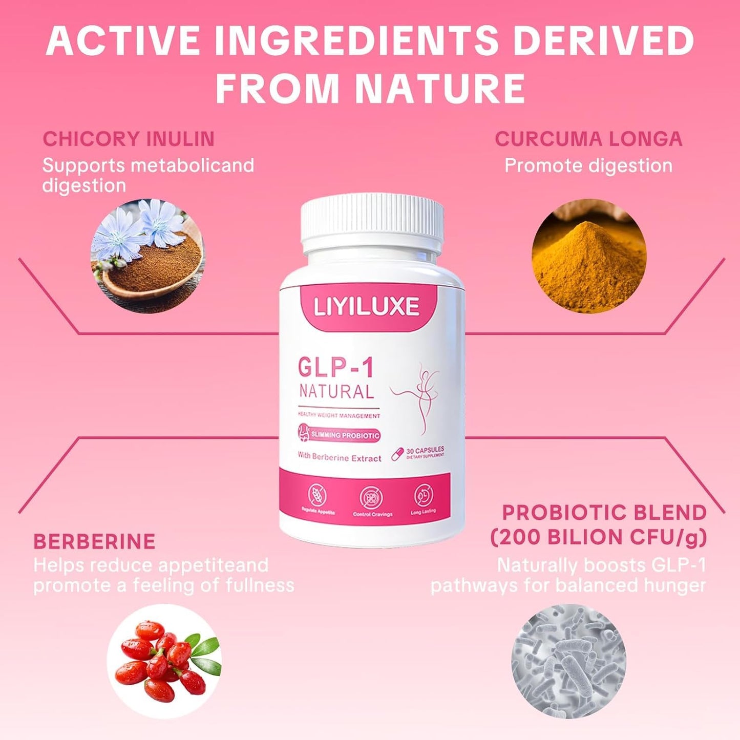 LIYILUXE GLP-1 Natural Probiotics Supplement with Akkermansia & Berberine HCI, Metabolism, Appetite and Energy Support Capsule 1 Count