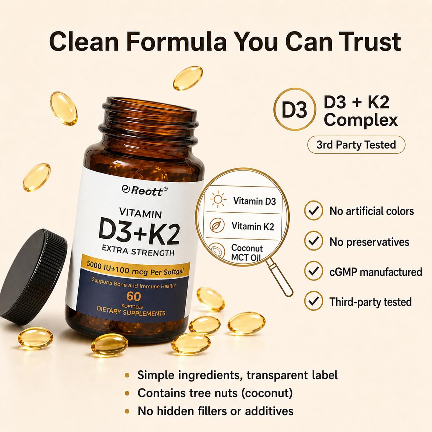 REOTT Vitamin D3 K2 Supplement, 60 Gummies