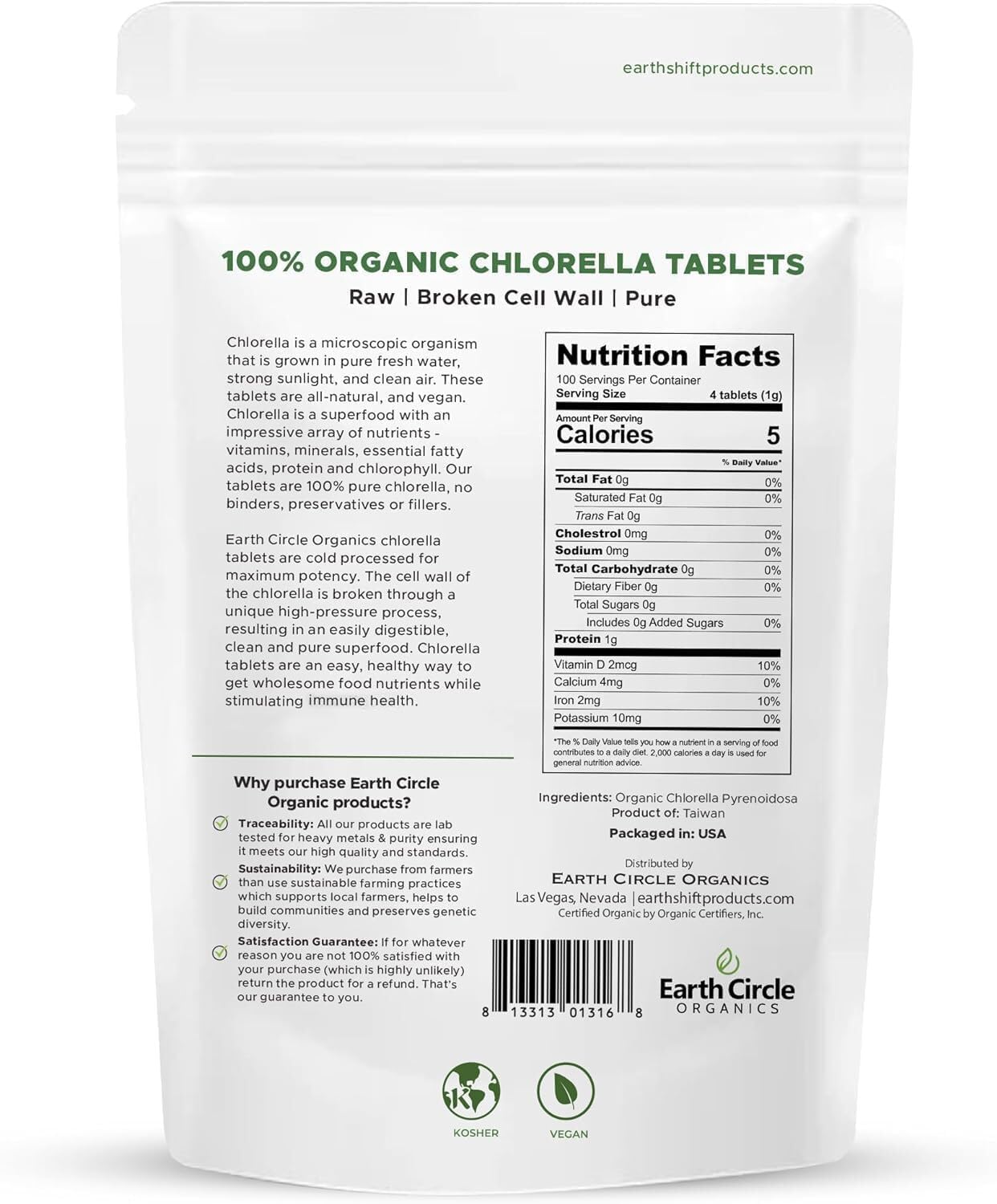 Earth Circle Organics Organic Chlorella Tablets 400 Count
