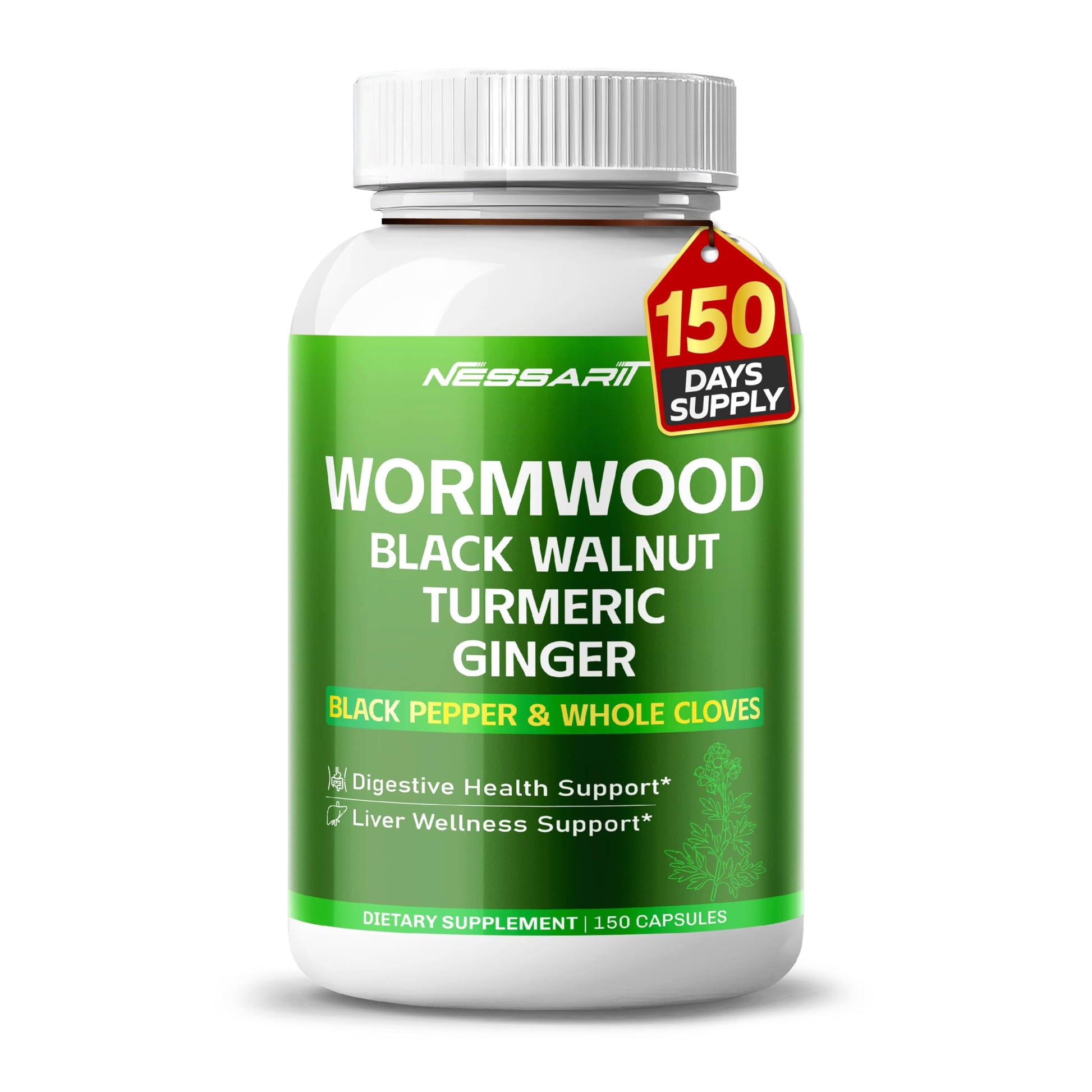 NESSARIT Wormwood Capsules with Black Walnut, Turmeric, Ginger, Whole Cloves, Fennel, Peppermint & Black Pepper, Botanical Supplement, 150 Count