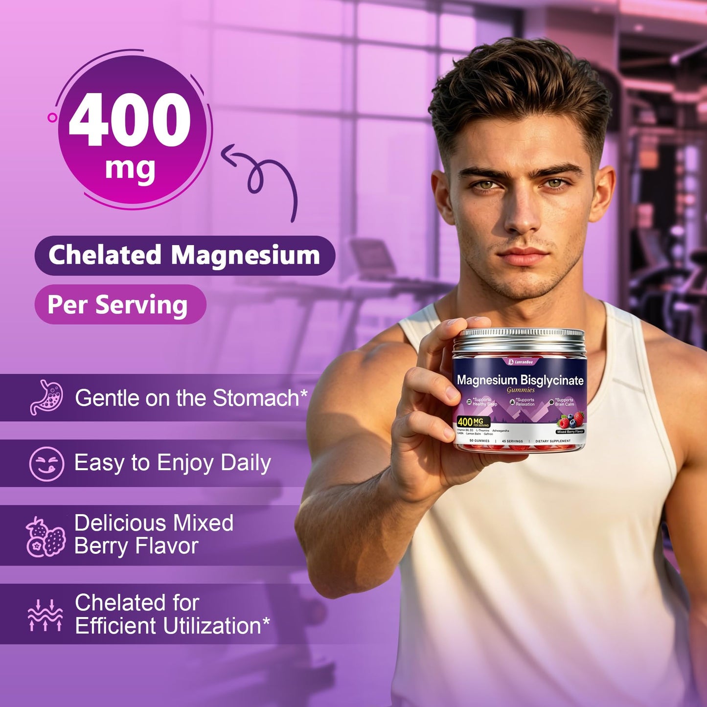 LanranBee Magnesium Bisglycinate Gummies 400mg Chelated Magnesium Supplement, 90 Gummies