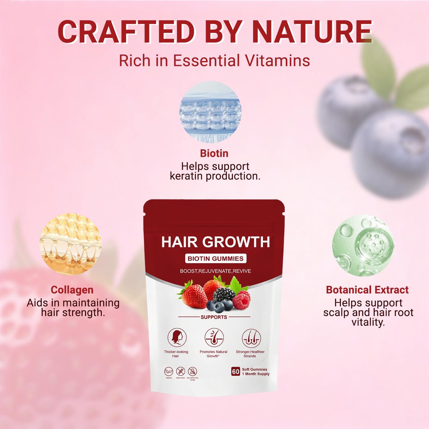 Norce Sactor Lumin Hair Gummies with Biotin & Collagen, Mixed Berry Flavor, Supports Healthy Hair Growth & Strength, Skin & Nails, Vegan & Non-GMO, 60 Gummies