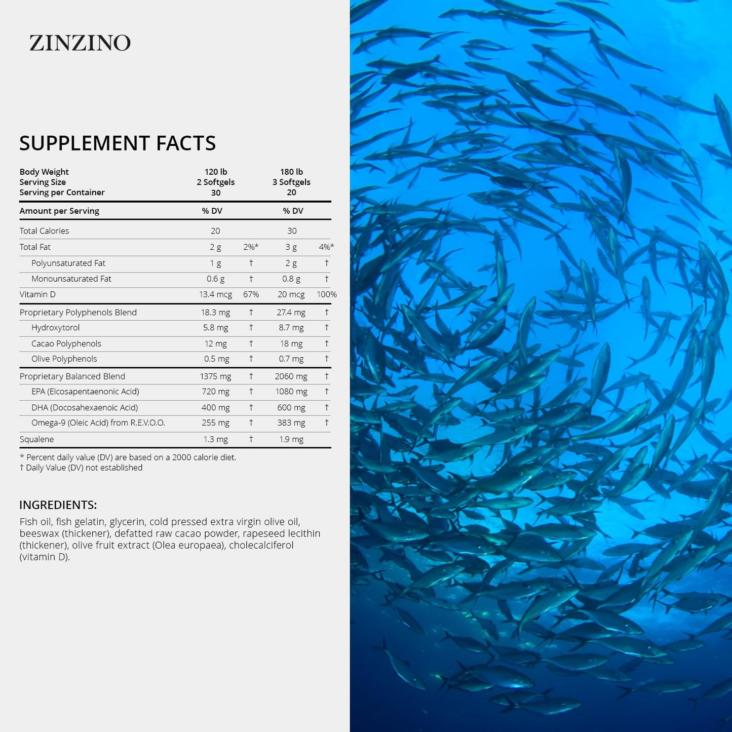 ZINZINO Essent+ Premium, Advanced Polyphenol Omega Balance with Fish Oil, Glycerin, Cold-Pressed Extra Virgin Olive Oil, Vitamin D, 60 Softgels