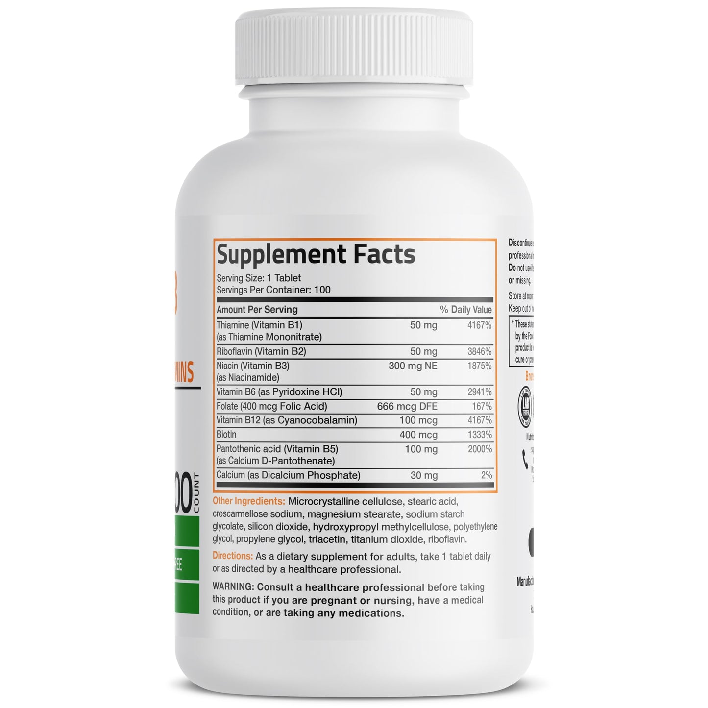 Bronson Vitamin B Complex (Vitamin B1, B2, B3, B6, B9 - Folic Acid, B12) Tablet, 100 Tablets