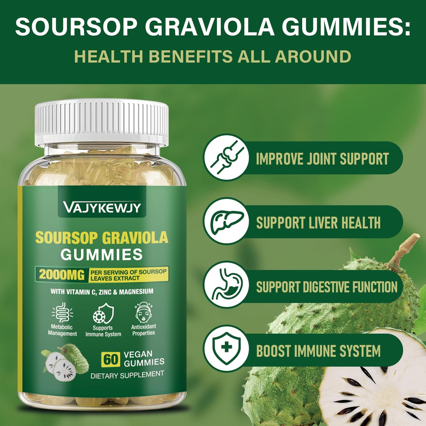 VAJYKEWJY Soursop Graviola Gummies - 2000mg Extra Strength Soursop Leaves Extract, Vitamin C, Zinc & Whole Natural Food for Immunity, Vegan, 60 Gummies