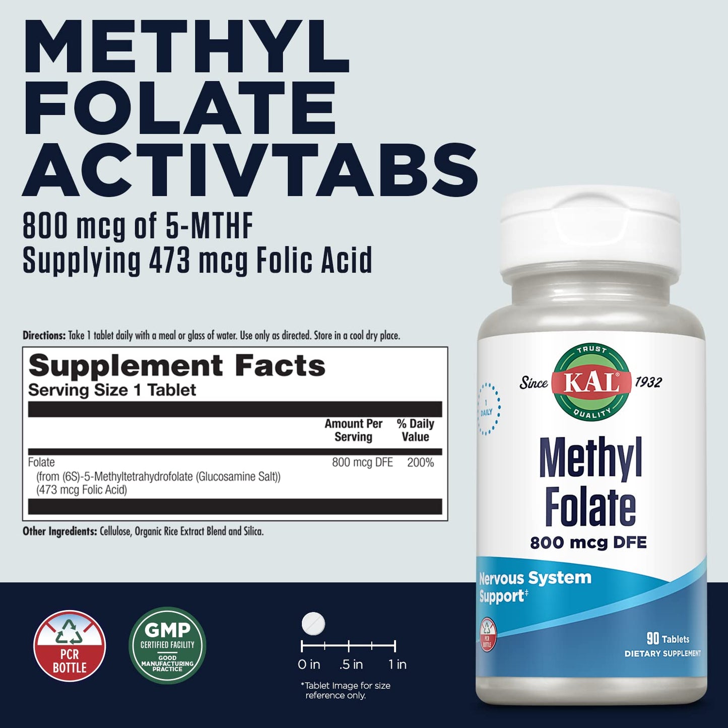 KAL Methyl Folate 800 mcg 5-MTHF Active Form Tablet 90 Count