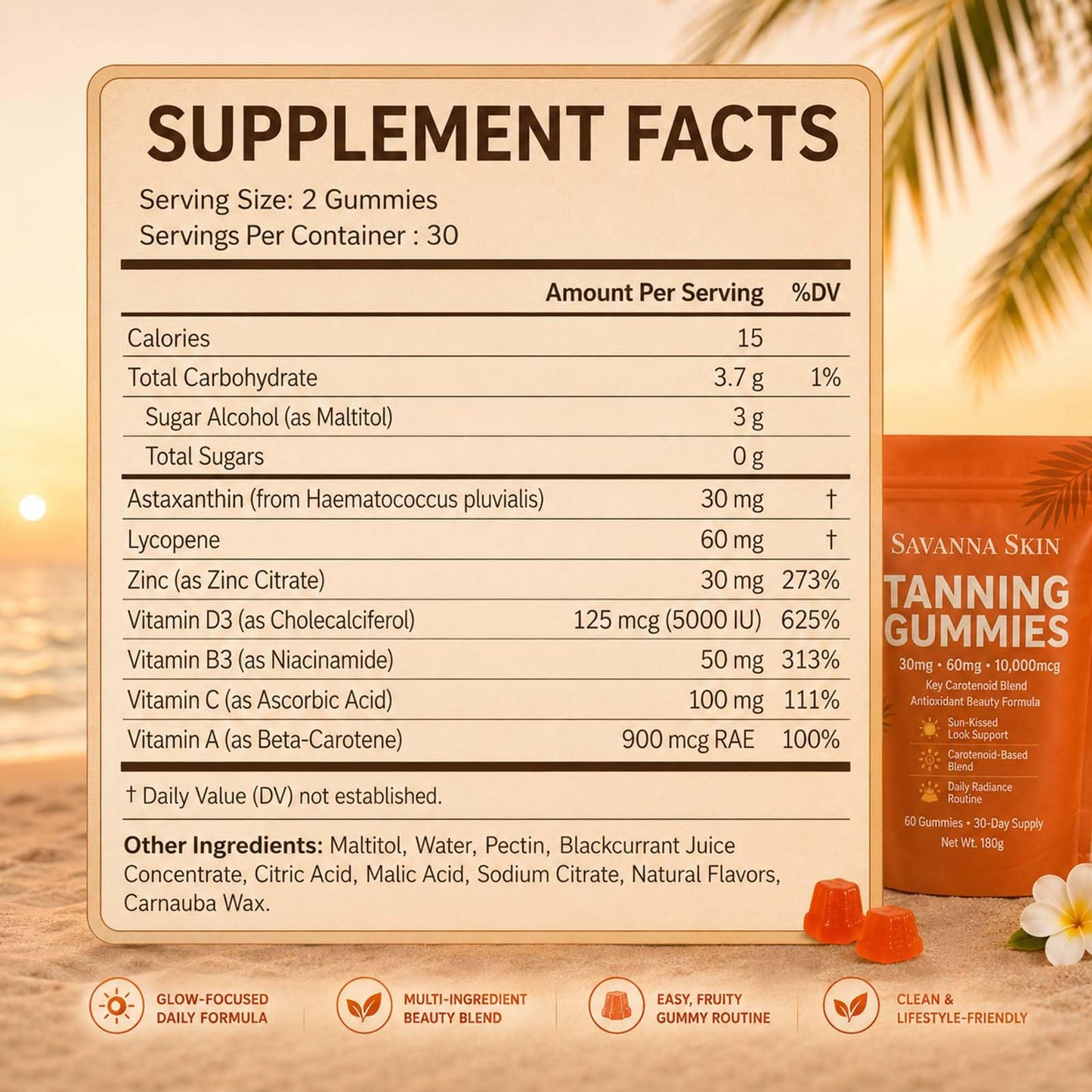 Savanna Skin Tanning Gummies Astaxanthin & Beta-Carotene Tanning Formula, Gummy, 60 Count