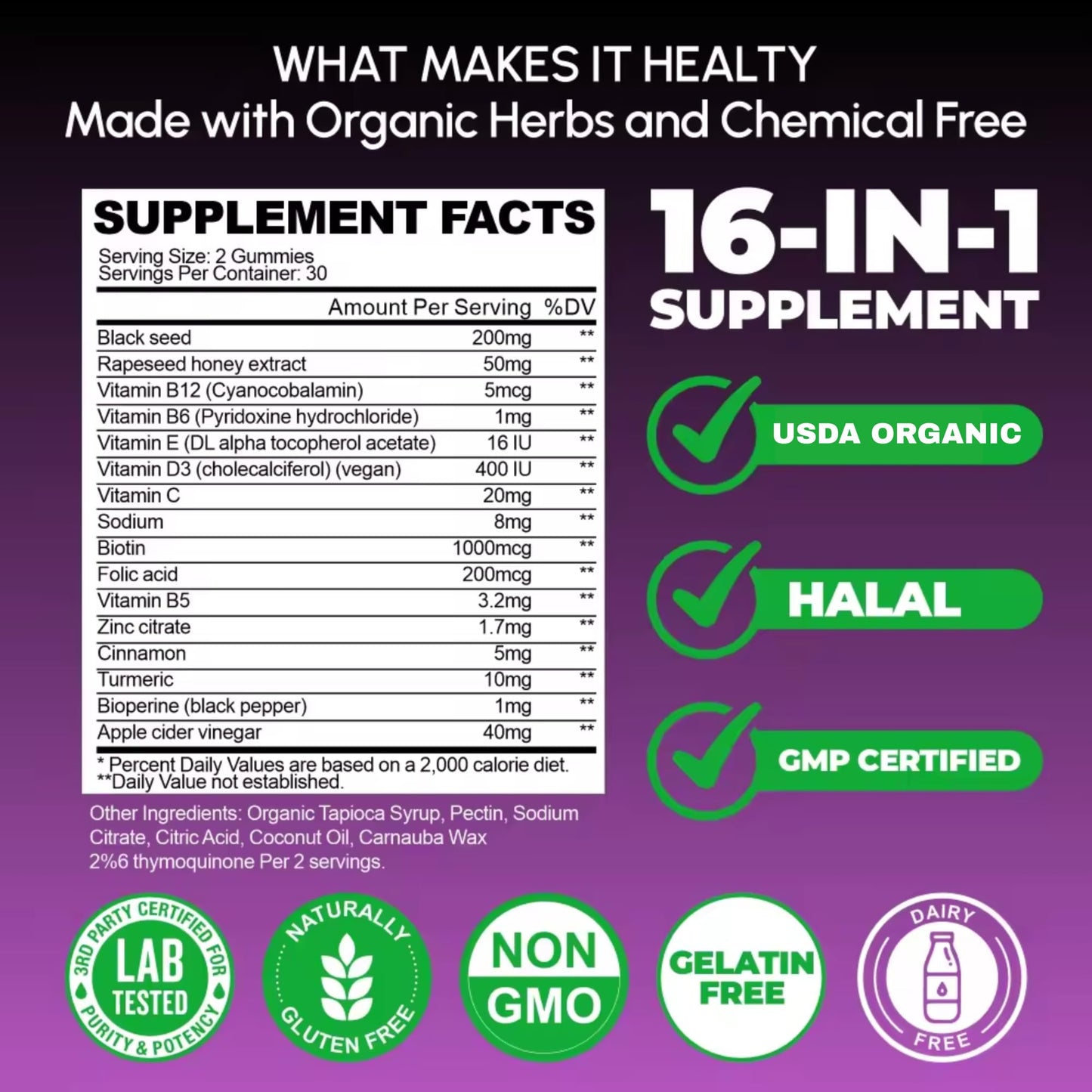 AyBet Black Seed Oil & Honey Gummies with Turmeric – 16-in-1 Supplement with Vitamins D3, B12, Biotin & Zinc – 2% Thymoquinone – USDA Organic, Halal, Vegan, Non-GMO, 60 Gummies