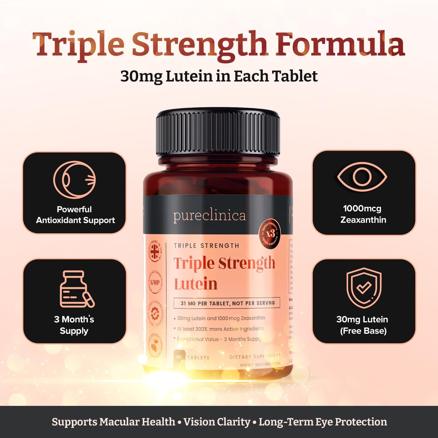 Pureclinica Lutein 30mg with Zeaxanthin 1000mcg – Triple Strength Supplement, 90 Tablets