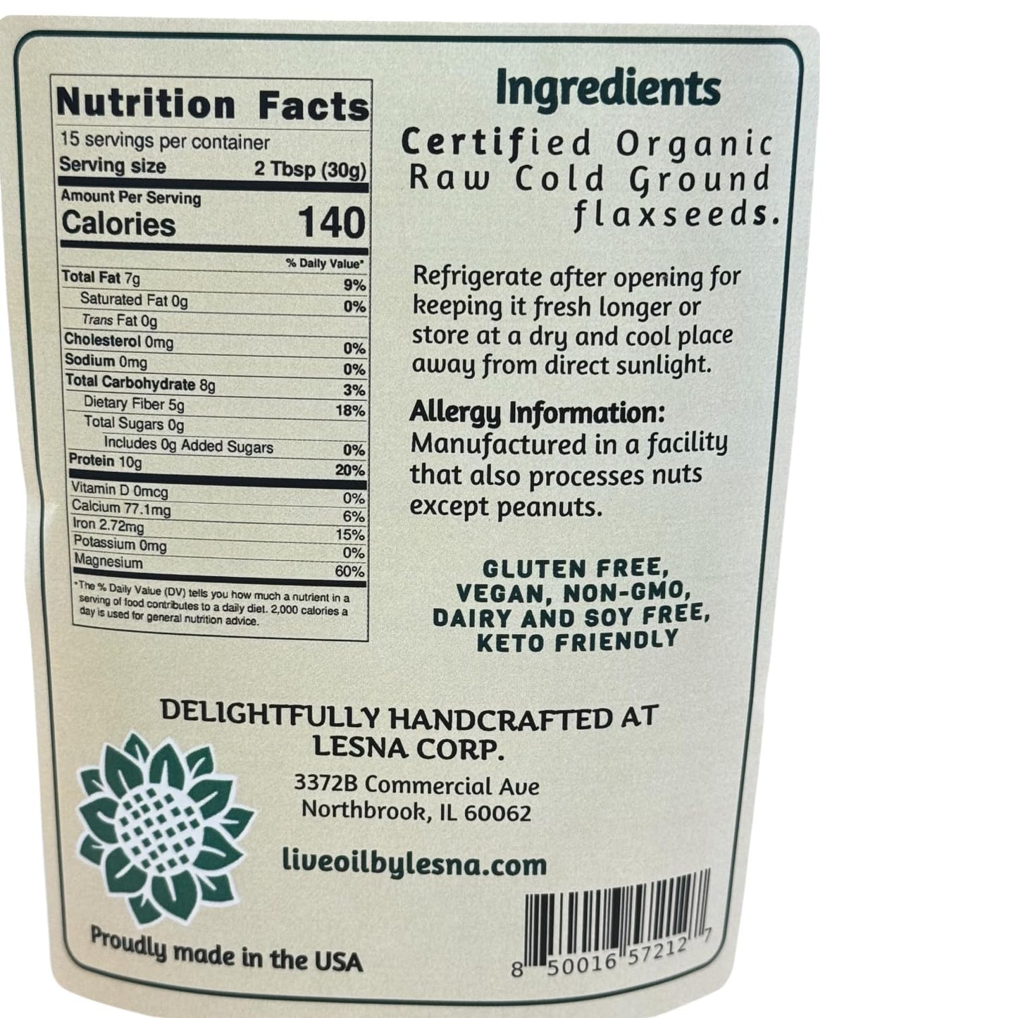 Live Oil by Lesna Raw Cold-Ground Flaxseed Powder, 16 oz