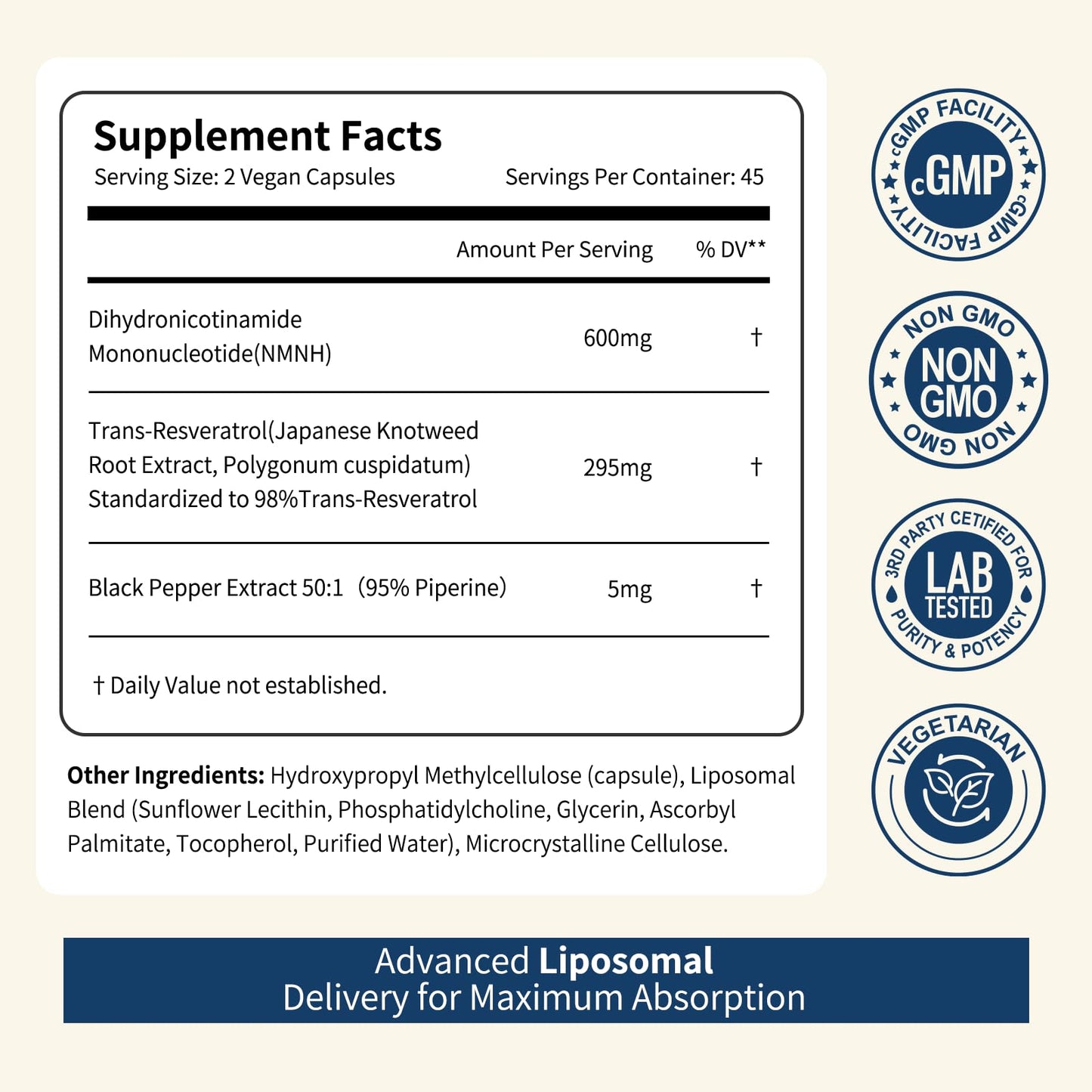 NUISM NMNH NAD+ Supplement, Liposomal NMN NAD+ & Resveratrol Complex for Cellular Energy, Healthy Aging & Metabolic Support, Capsule, 90 Count