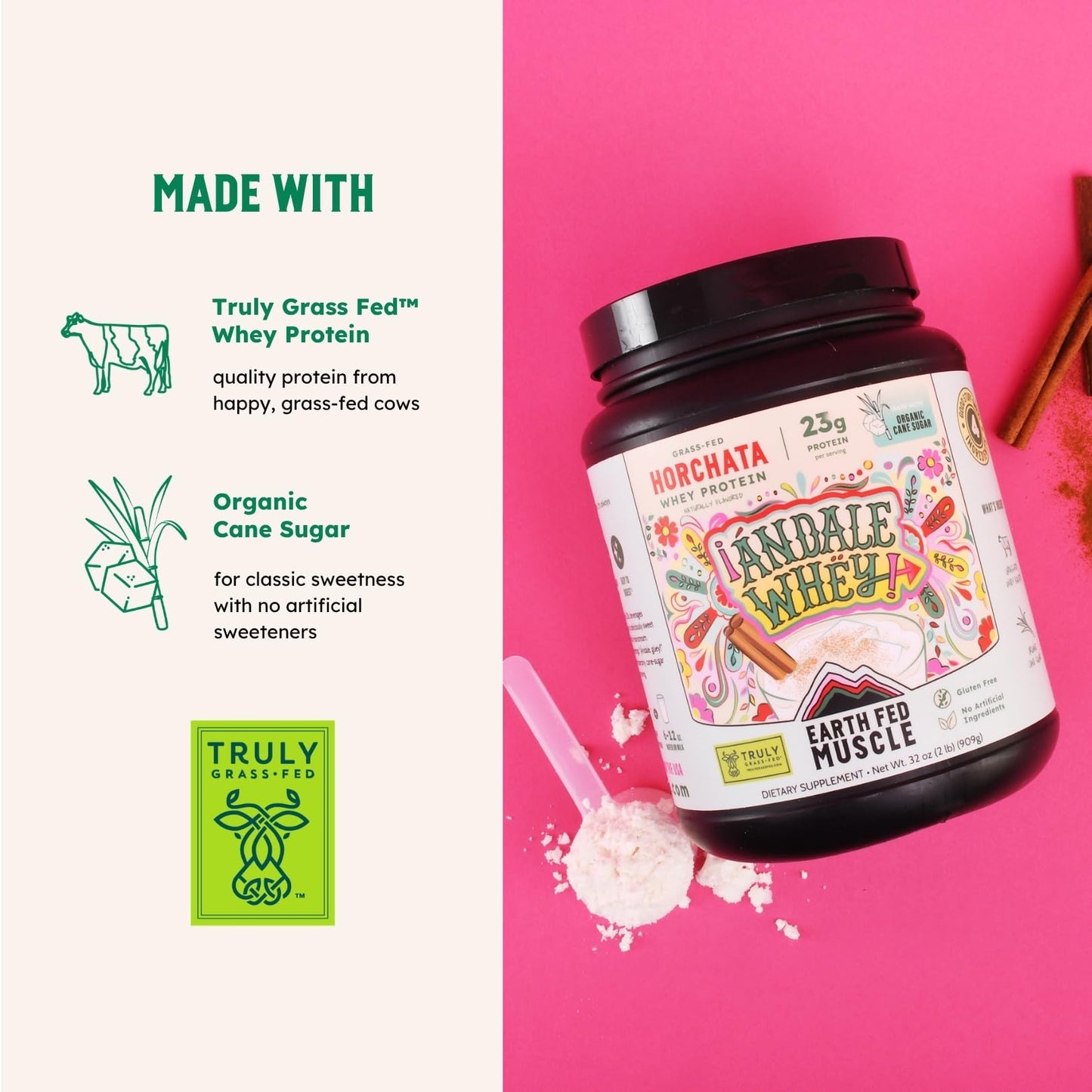 Earth Fed Muscle Grass-Fed Whey Protein Isolate Powder – Horchata Flavor, 32 Servings