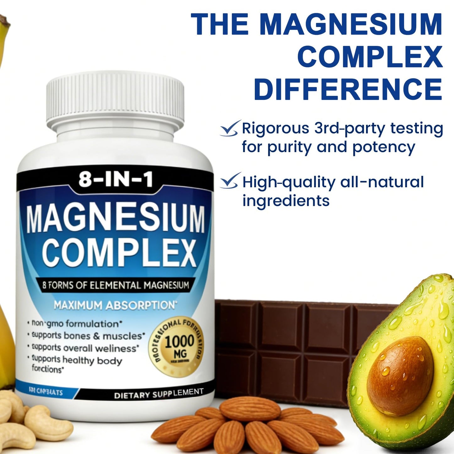 MIRACLE OFFICIAL Magnesium Complex 8-in-1 Elemental 1000mg Capsules, 90 Count