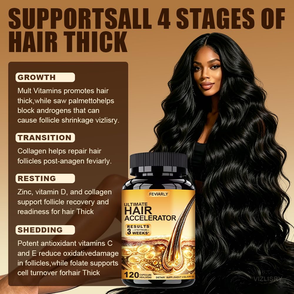 Feviarly Ultimate Hair Accelerator Capsules, Biotin Collagen Keratin Vitamins for Thicker Stronger Hair, Hair Supplement Pills for Women & Men, 120 Capsules