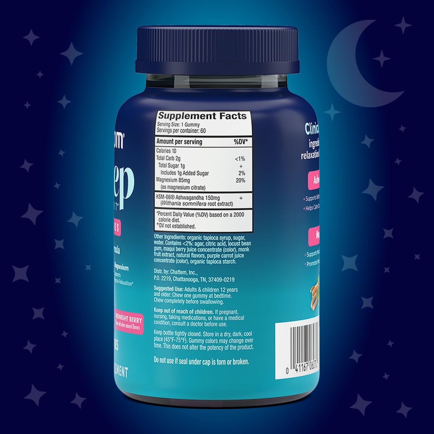 Unisom Sleep Support Gummies, 2-in-1 Magnesium Ashwagandha Drug-Free Formula, Midnight Berry Flavor, 60 Count