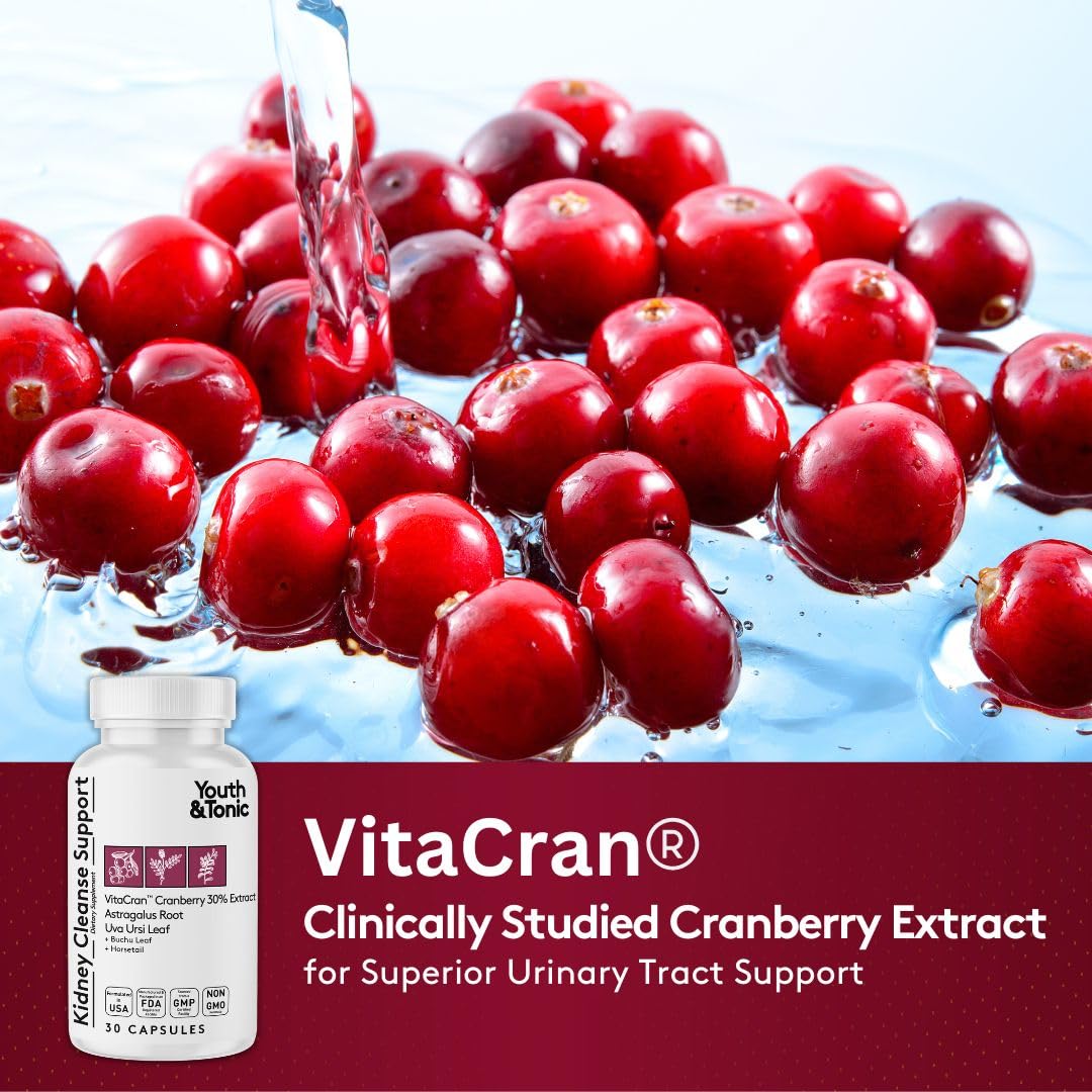 Youth & Tonic Kidney Support Supplement with Cranberry Extract Capsules, 30 Count