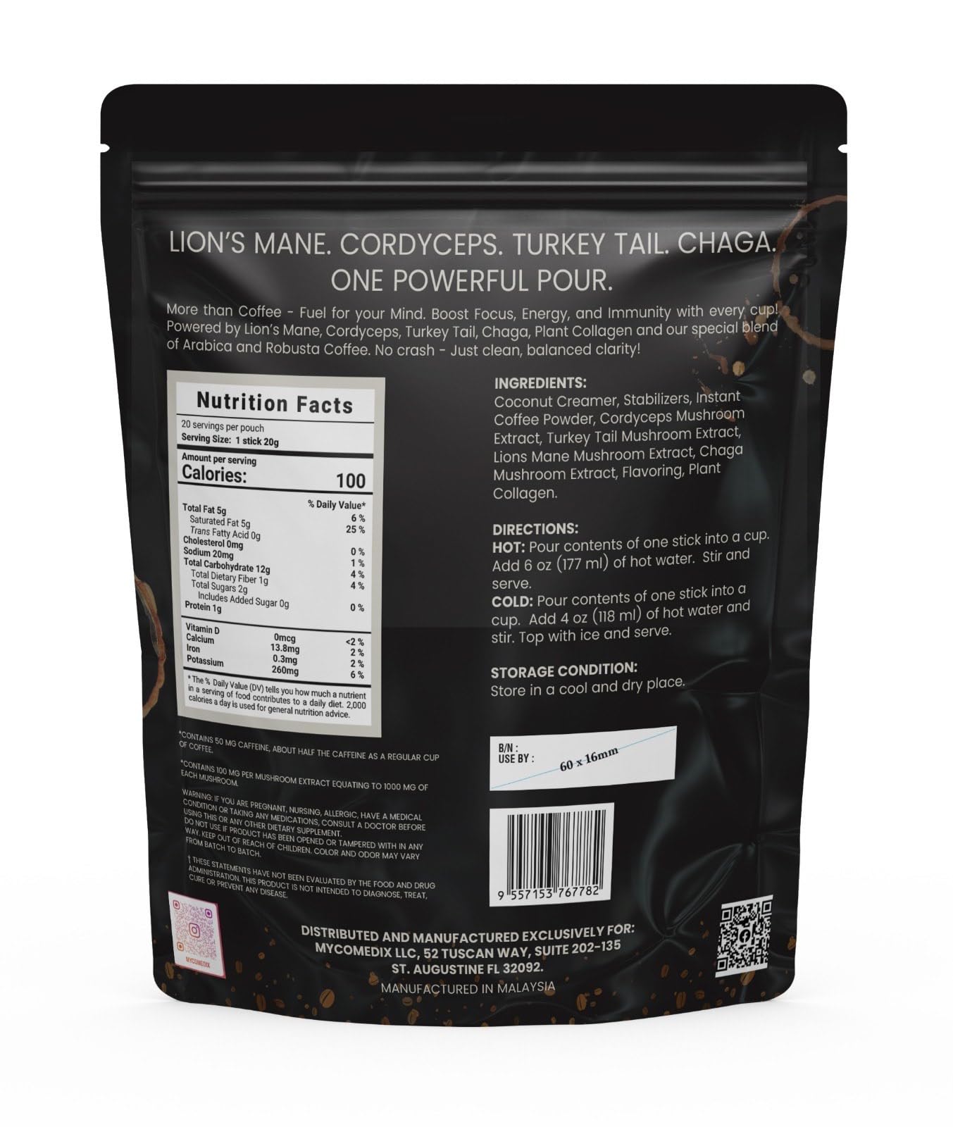 MYCOMedix Quad-Brew Latte Mushroom Coffee Powder 14.43 Ounce