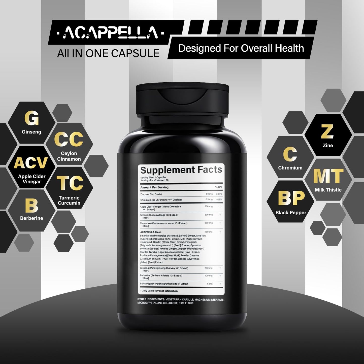 ACAPPELLA Berberine Turmeric Supplement & Apple Cider Vinegar Turmeric Cinnamon Bitter Melon Milk Thistle Fenugreek Complex 120 Capsules
