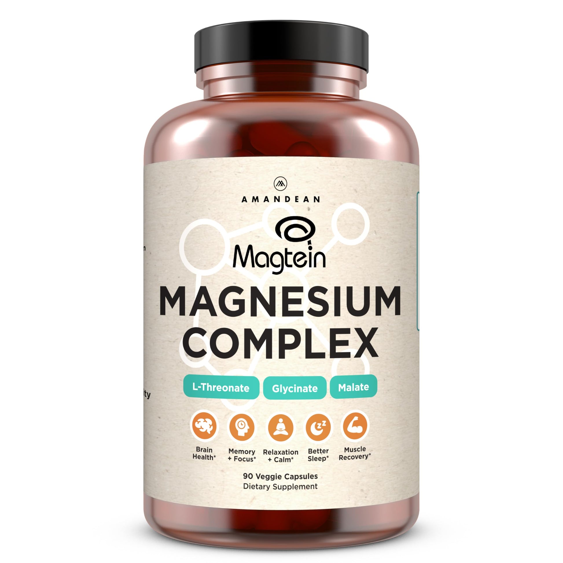 AMANDEAN Magtein Magnesium Complex L-Threonate, Glycinate, Malate Triple Blend Chelated Magnesium Supplement Capsule, 90 Count