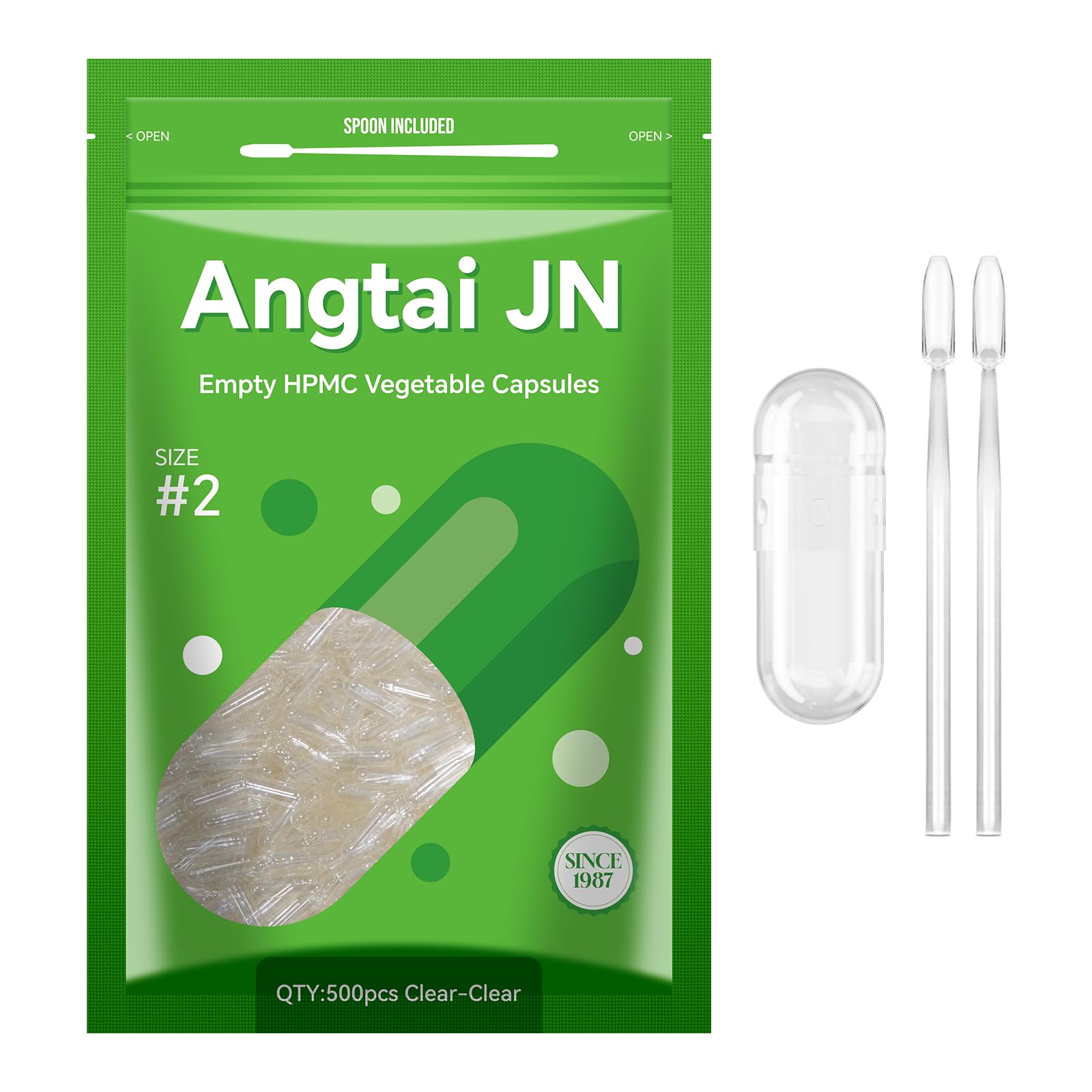 Angtai JN Empty Vegan Capsules Size 2 Plant Based Clear Capsule 500 Count