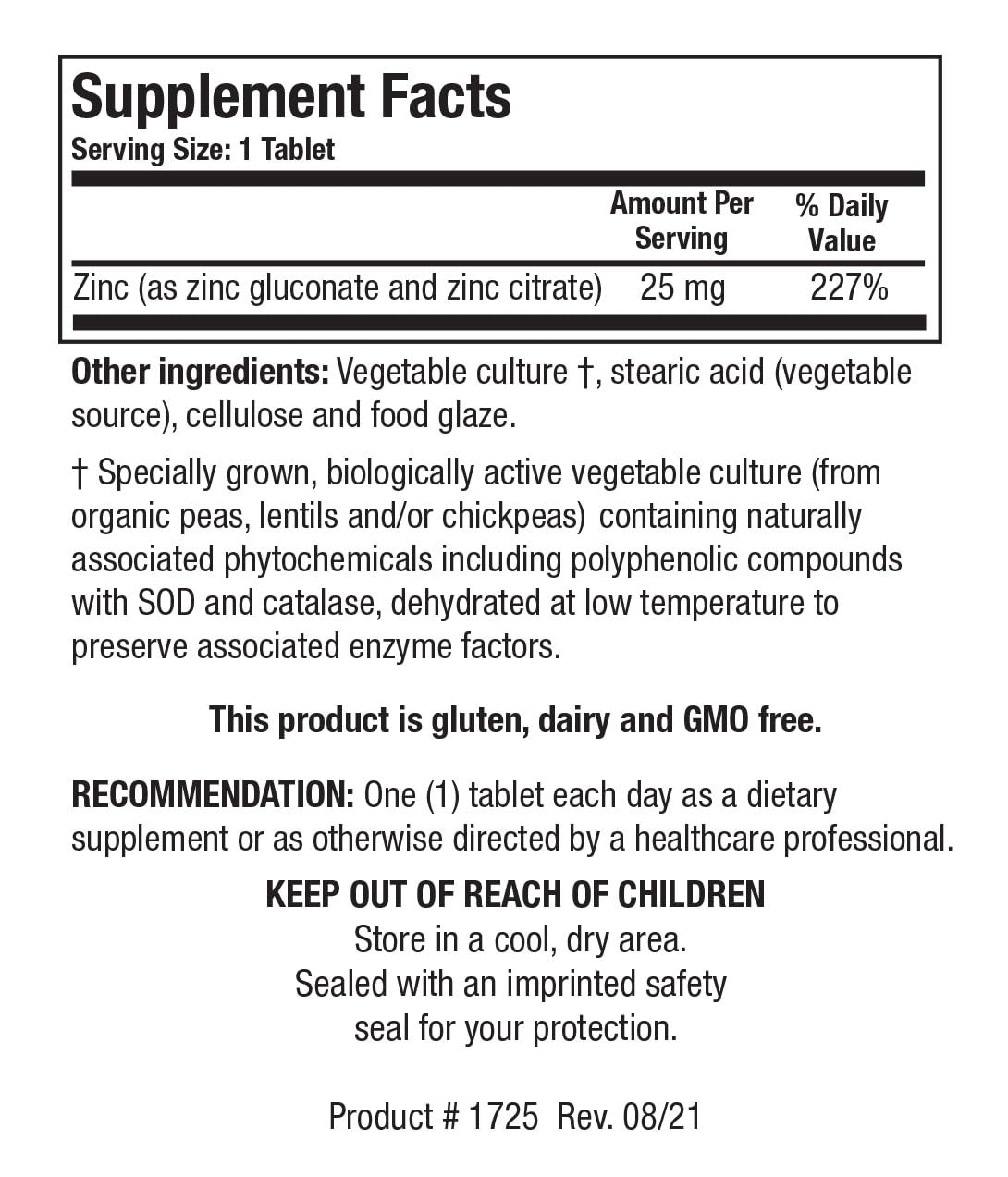 Biotics Research Zn-Zyme Forte 25 mg Zinc Tablet, 100 Tablets