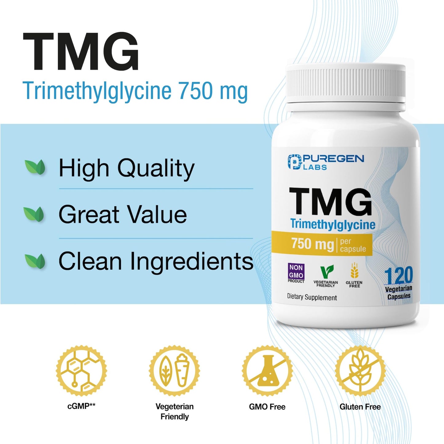 P Puregen Labs TMG 750 mg Trimethylglycine Supplement Capsule, 120 Vegetarian Capsules